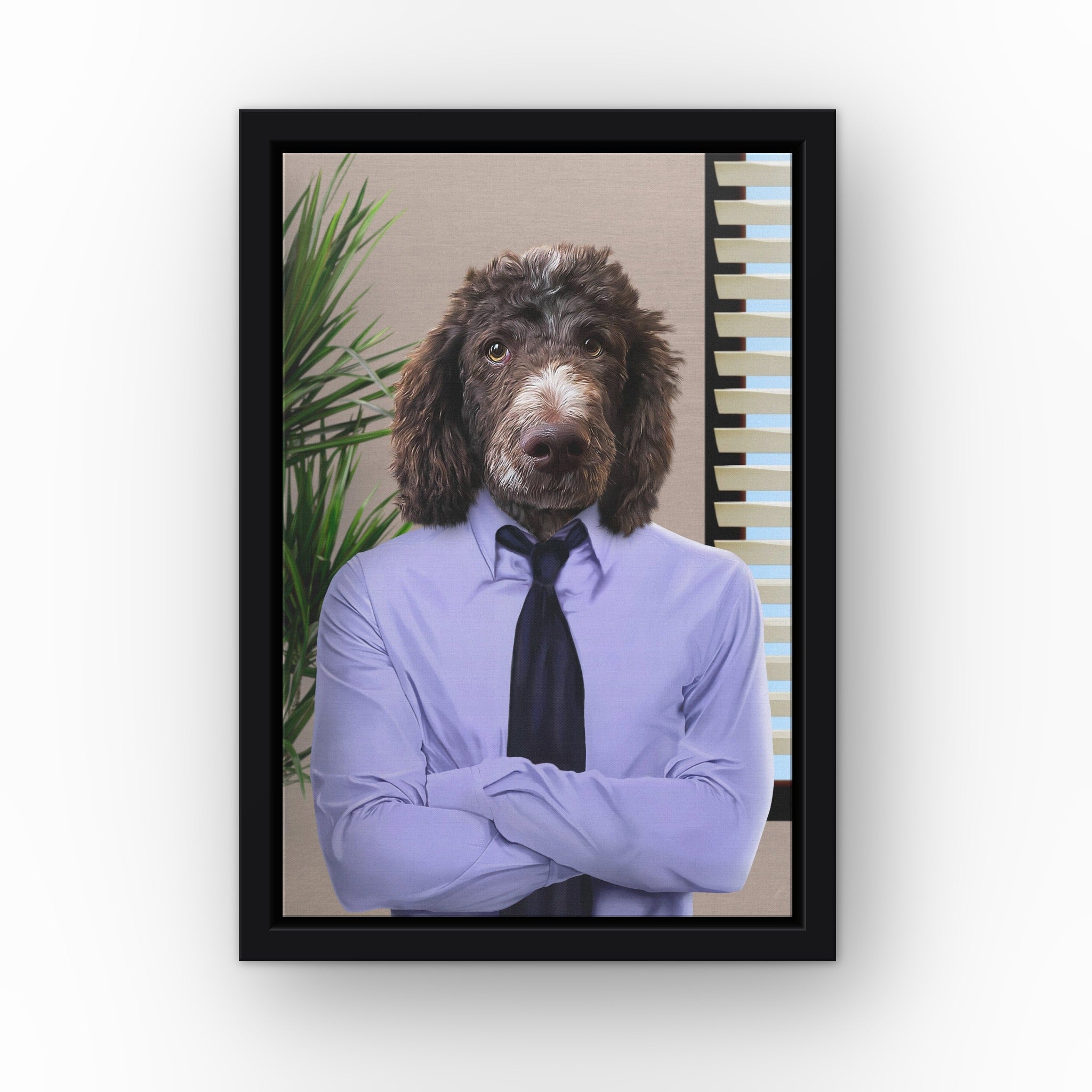 The Jim custom pet canvas in a black floating frame