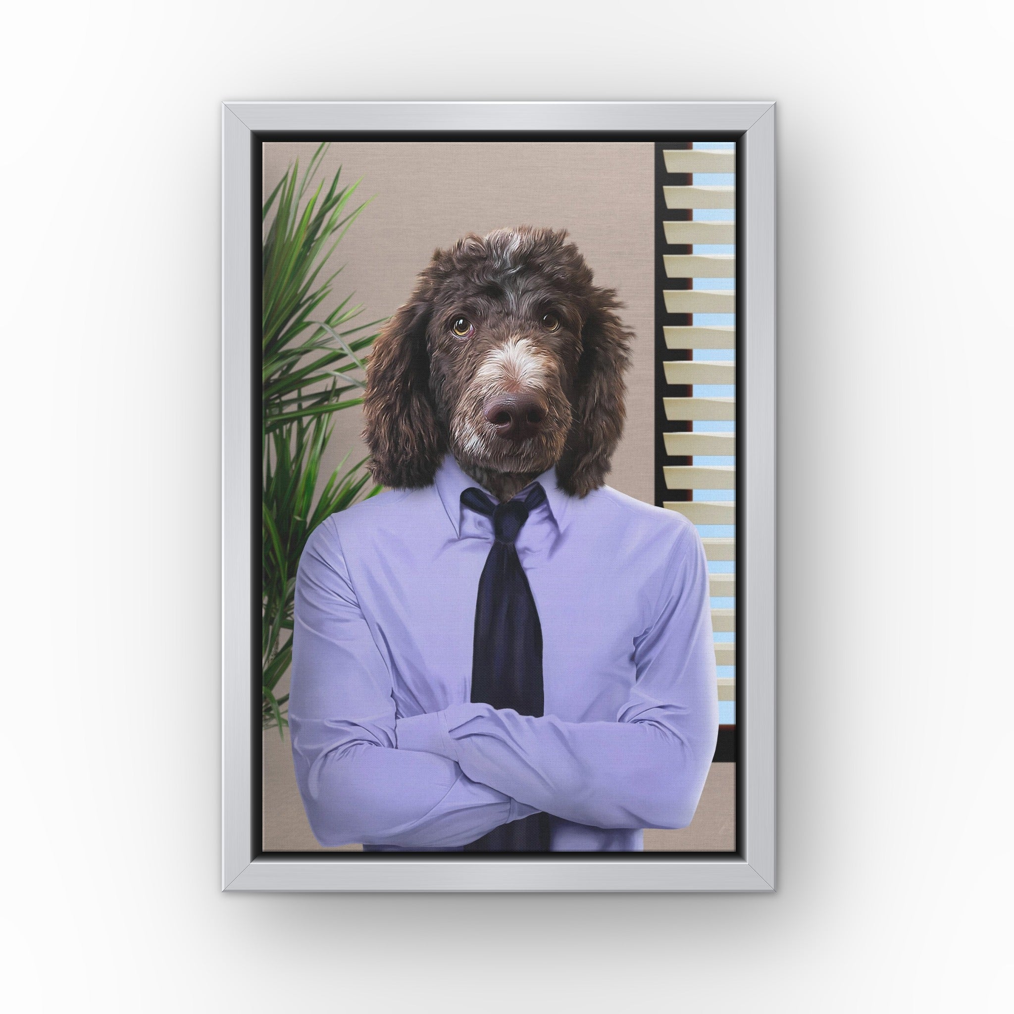 The Jim custom pet canvas in a silver floating frame