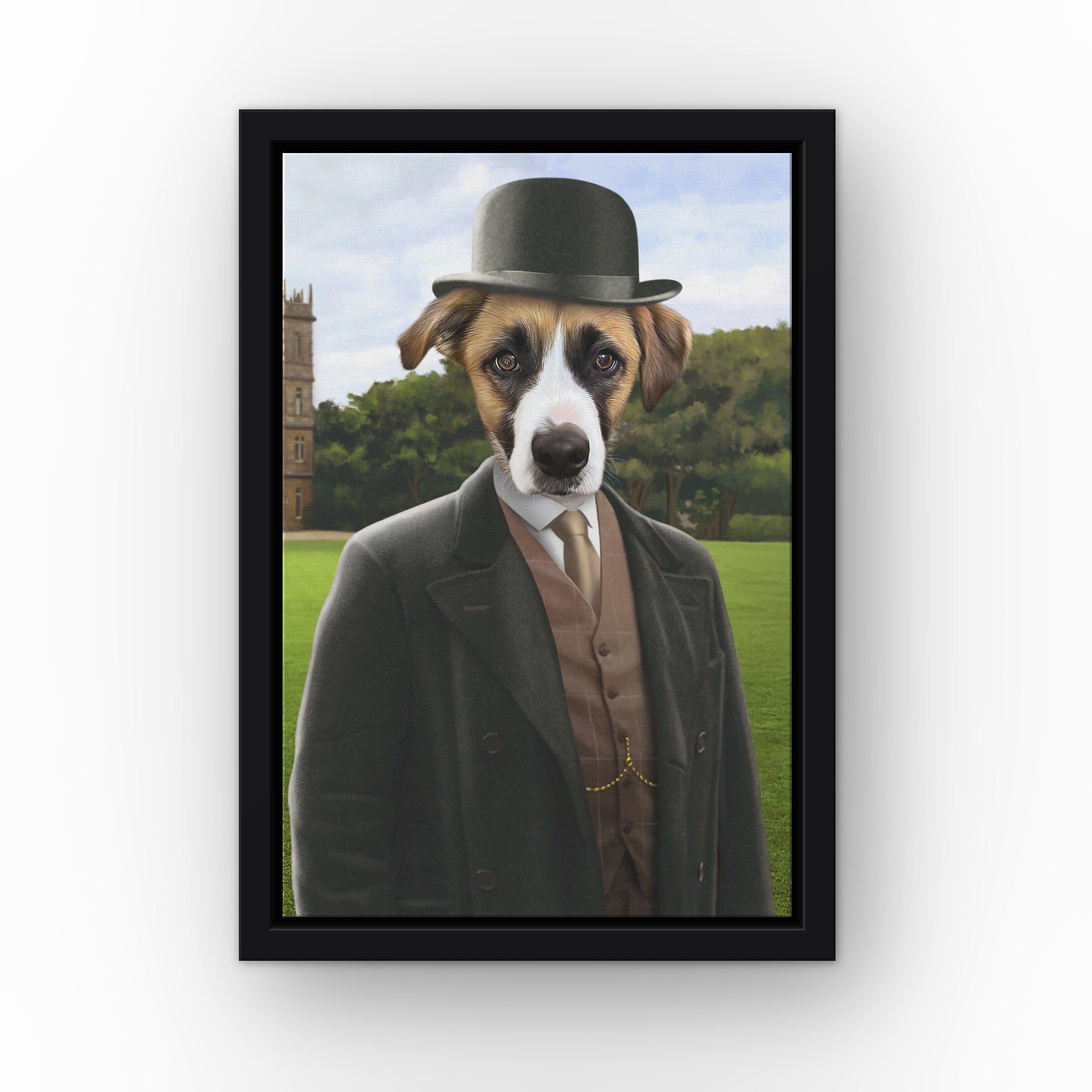 The John custom pet canvas in a black floating frame