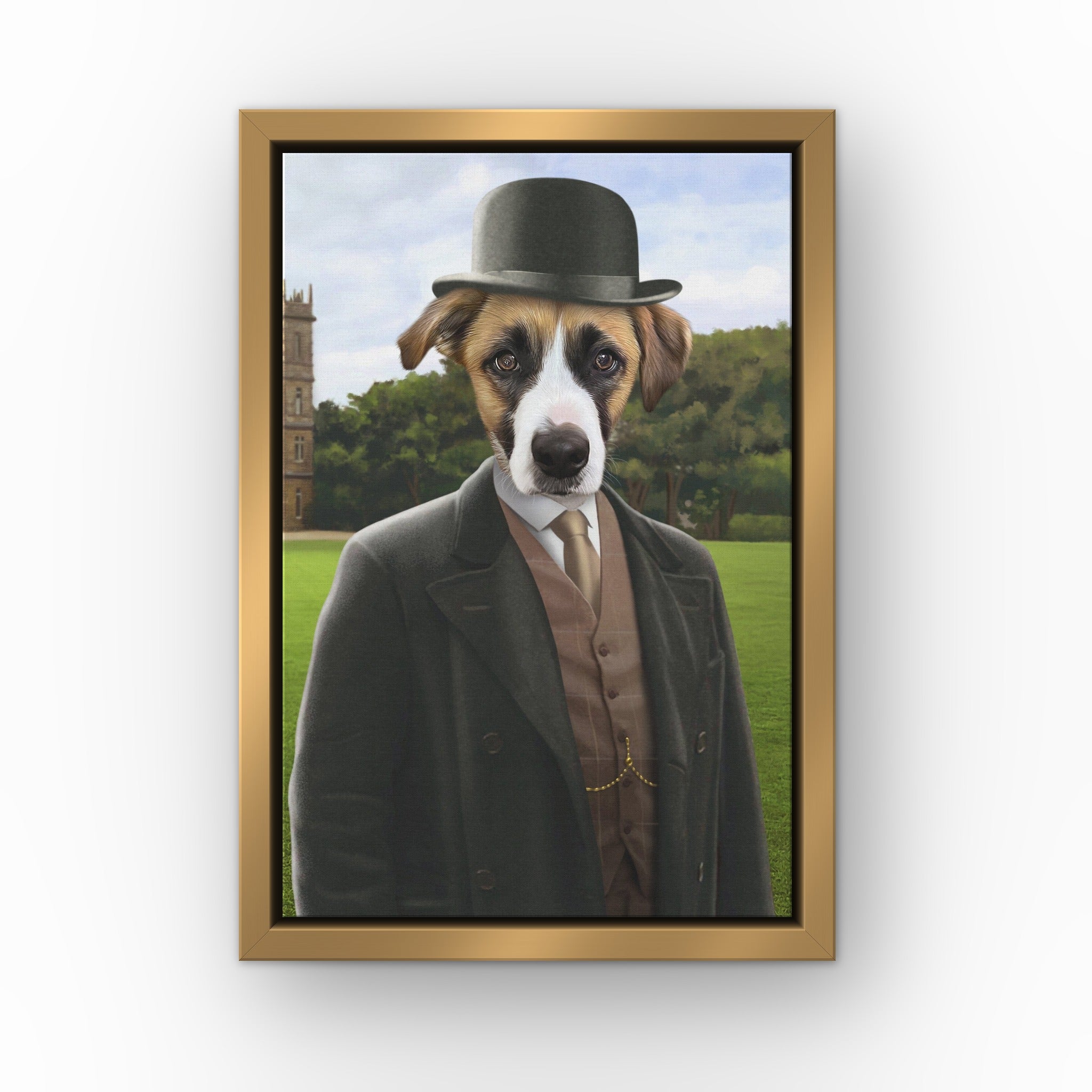 The John custom pet canvas in a gold floating frame