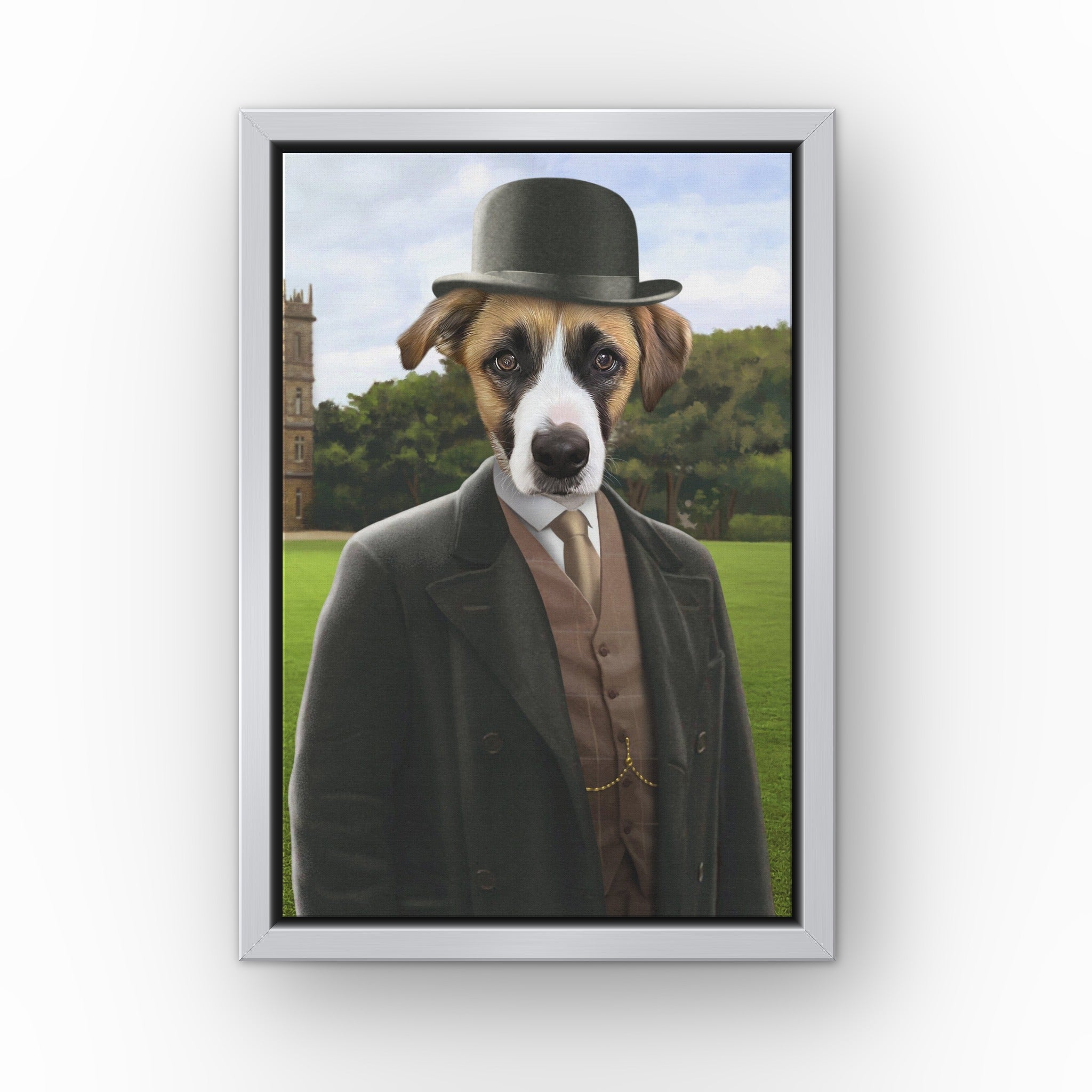 The John custom pet canvas in a silver floating frame