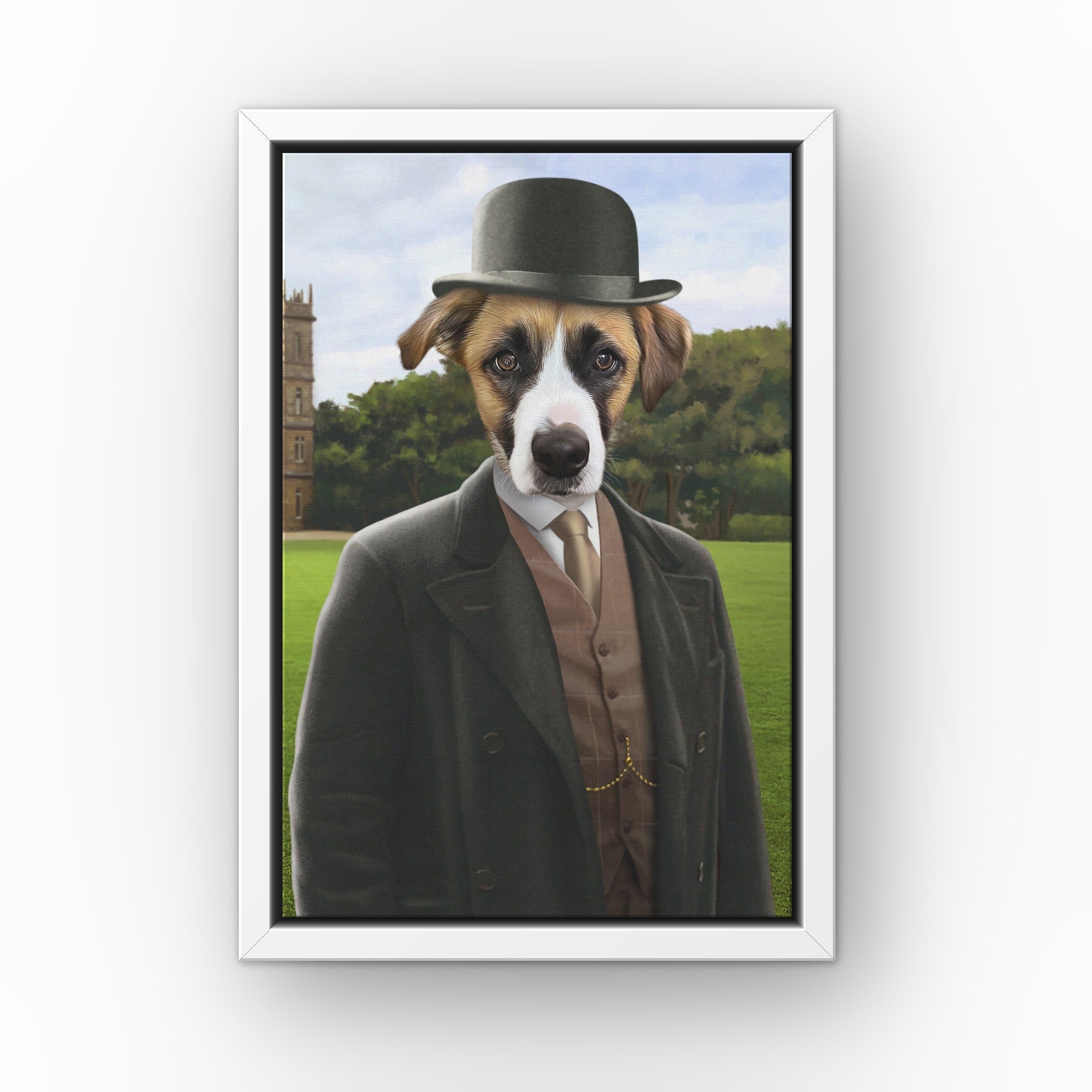The John custom pet canvas in a white floating frame
