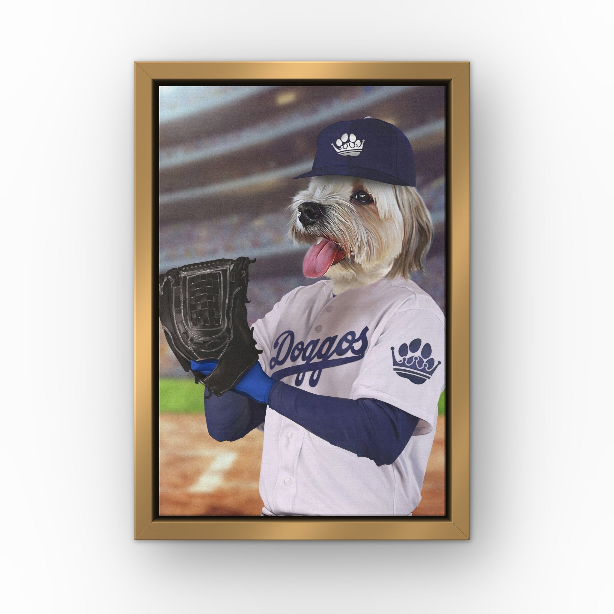 The LA Doggos custom pet canvas in a gold floating frame