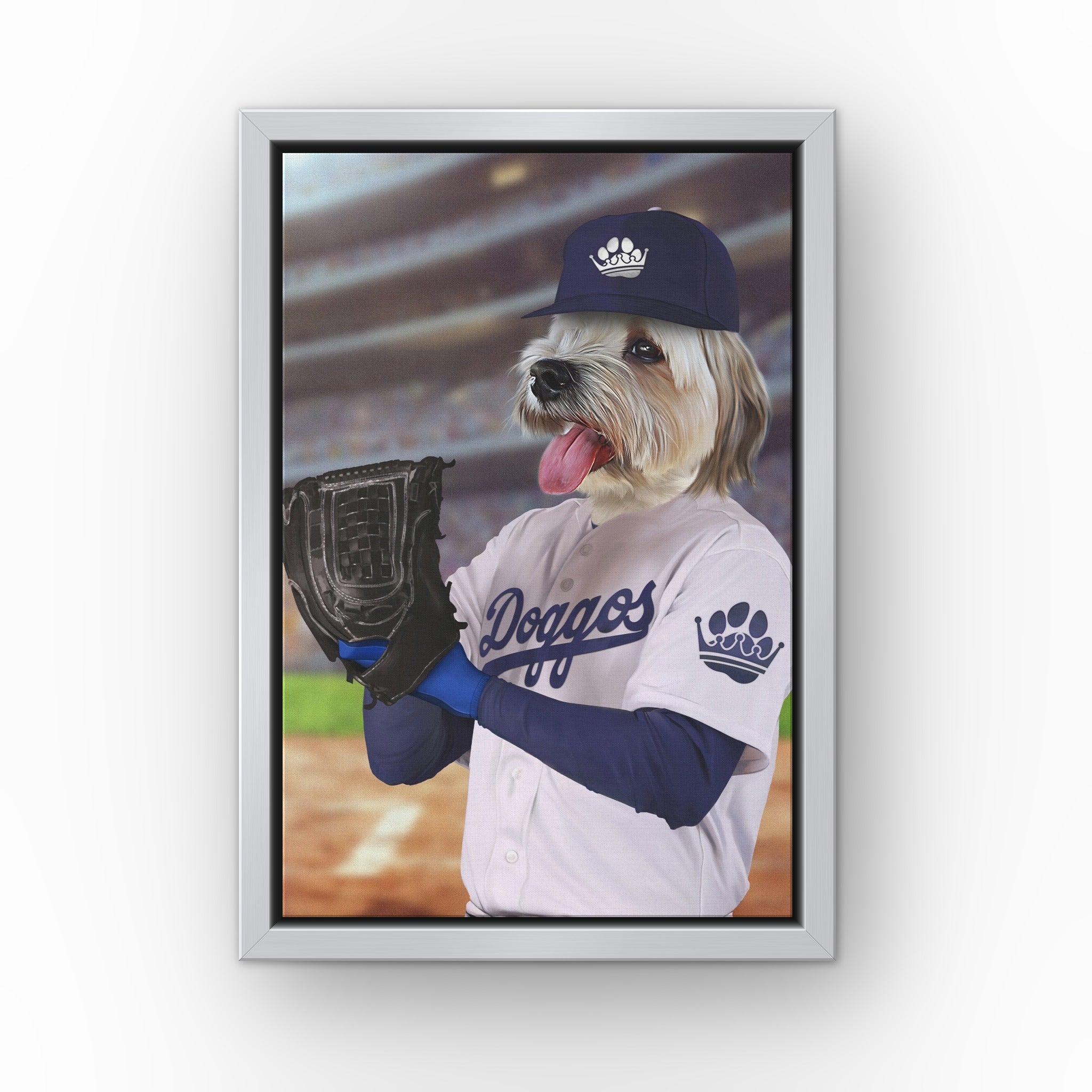 The LA Doggos custom pet canvas in a silver floating frame