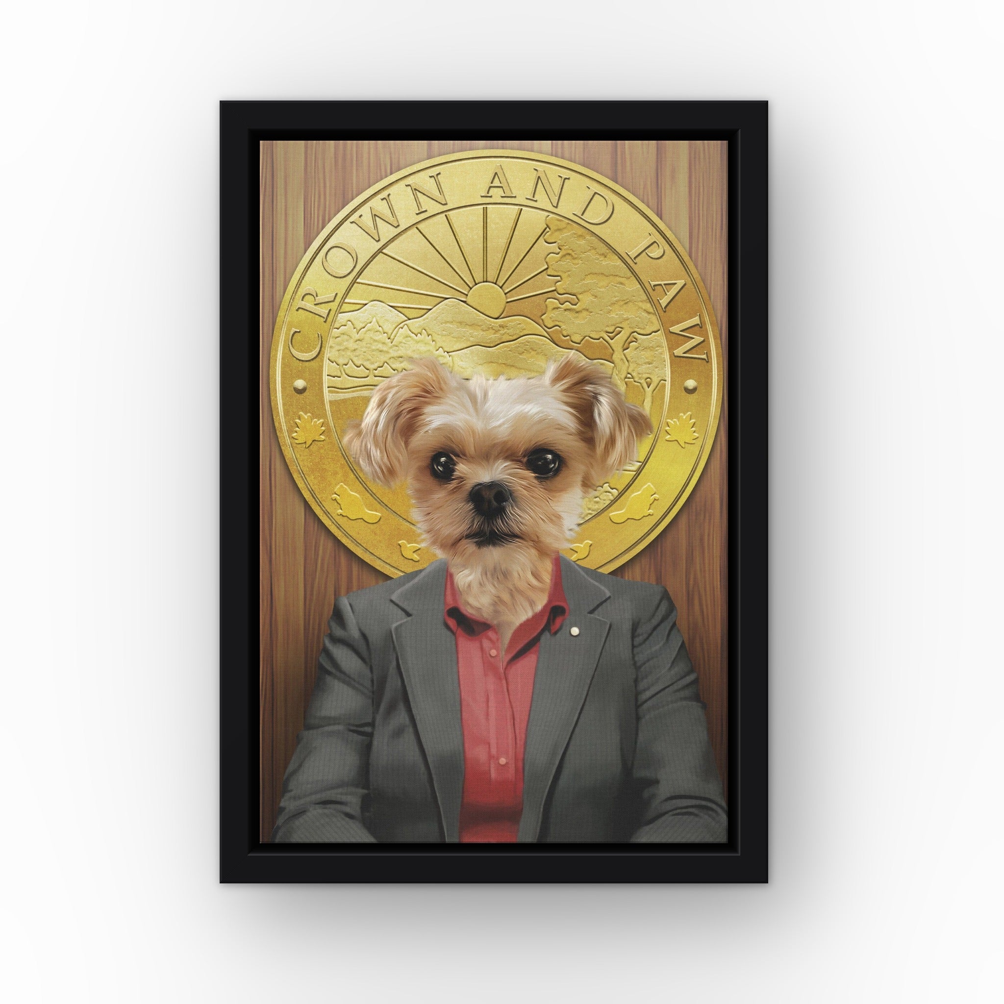 The Leslie custom pet canvas in a black floating frame
