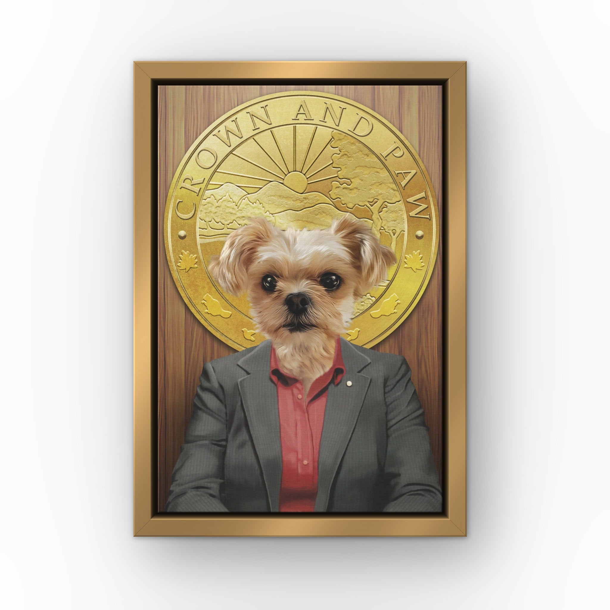 The Leslie custom pet canvas in a gold floating frame