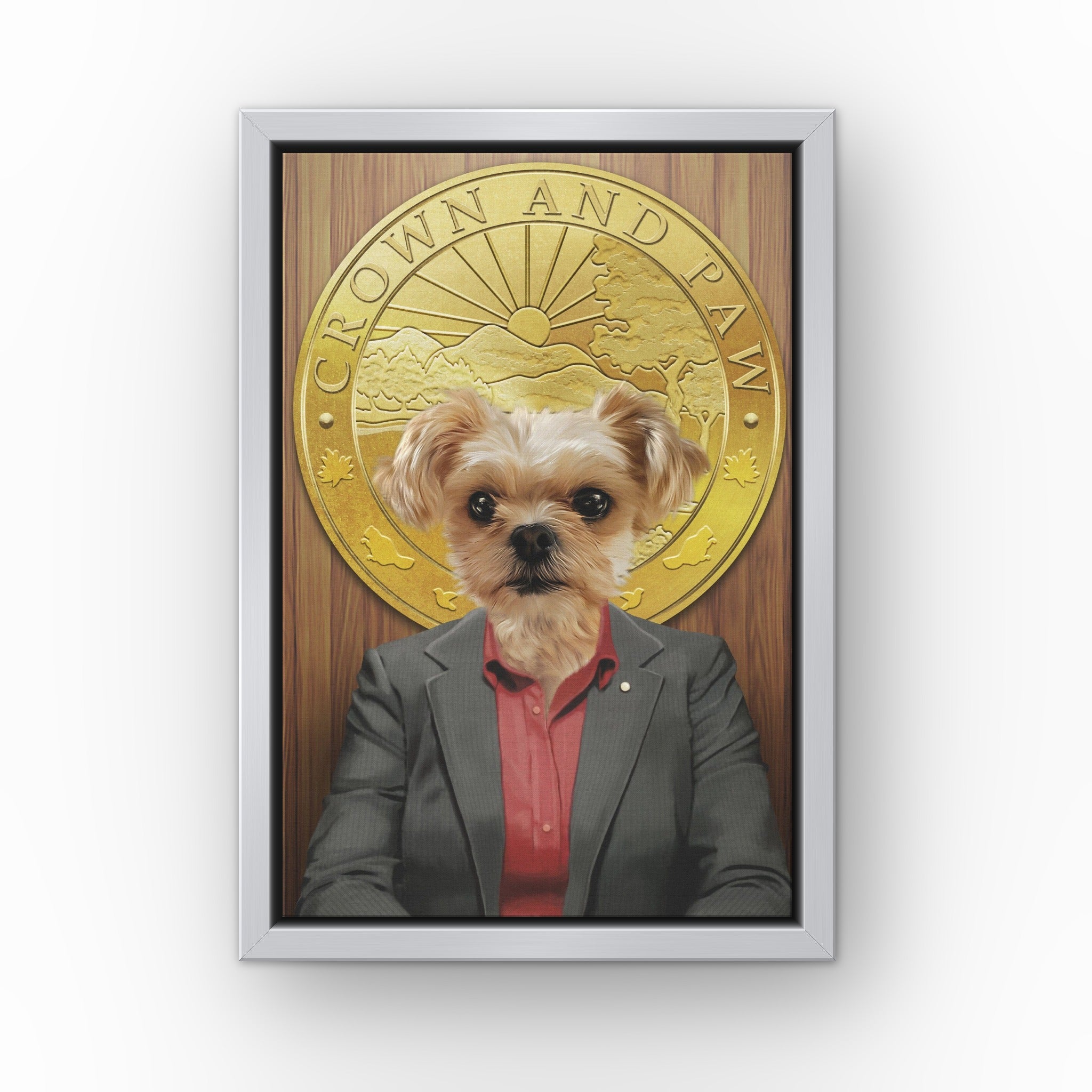 The Leslie custom pet canvas in a silver floating frame