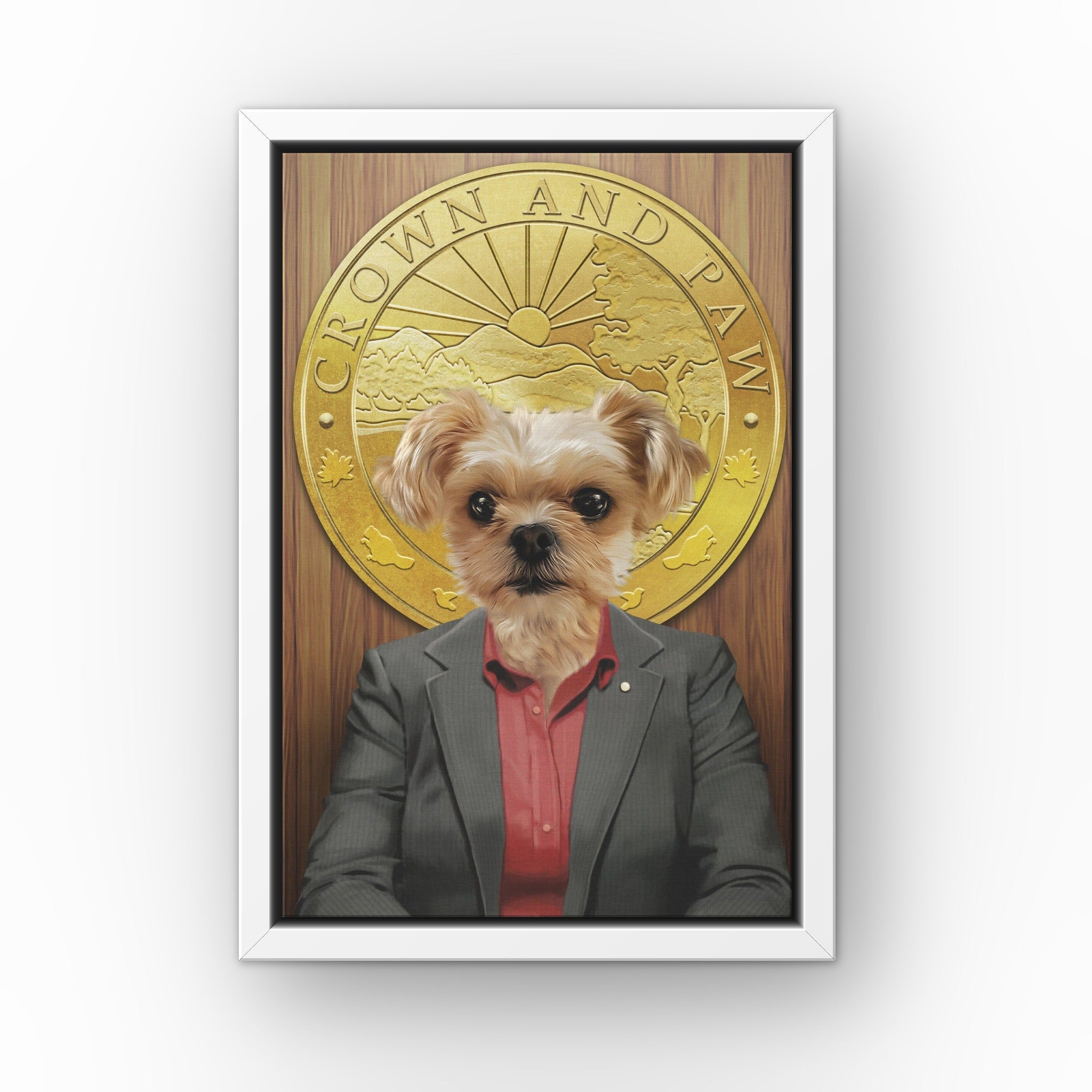 The Leslie custom pet canvas in a white floating frame