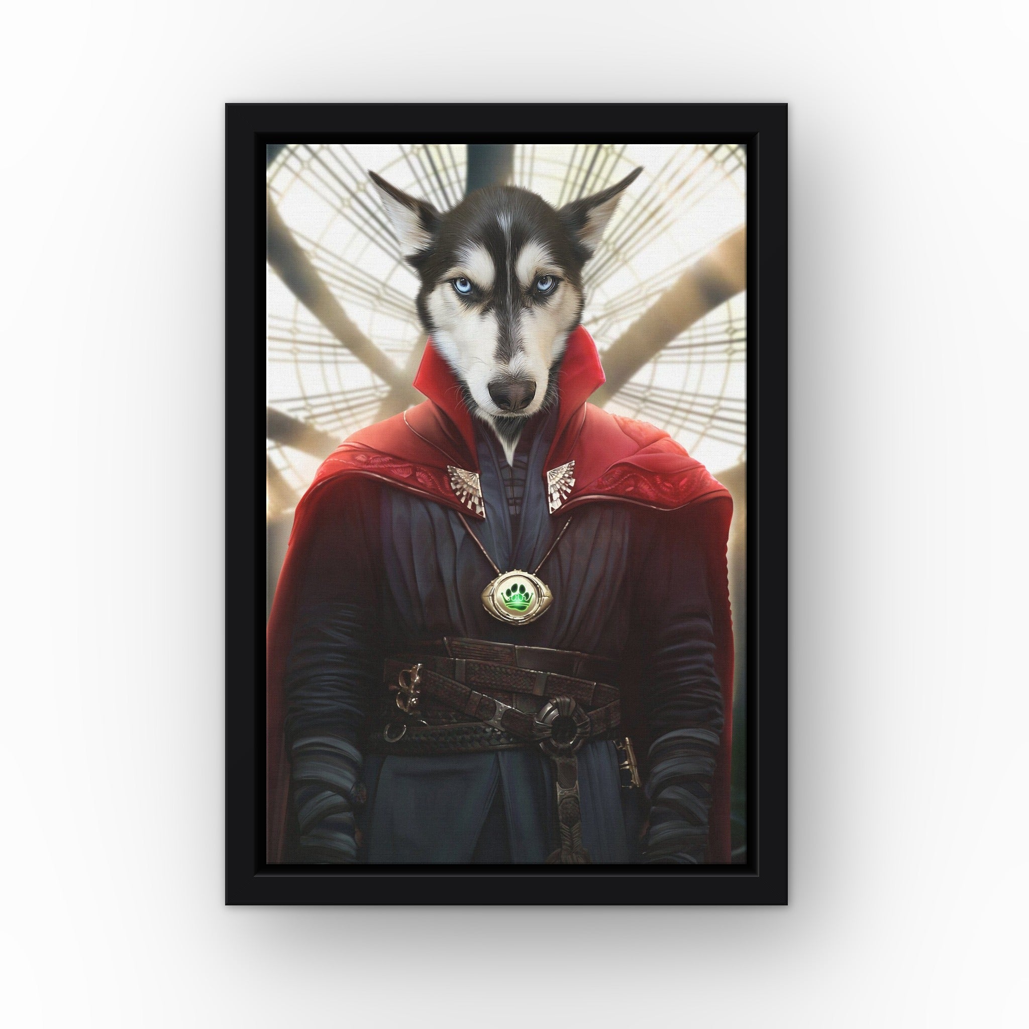 The Magic Hero custom pet canvas in a black floating frame