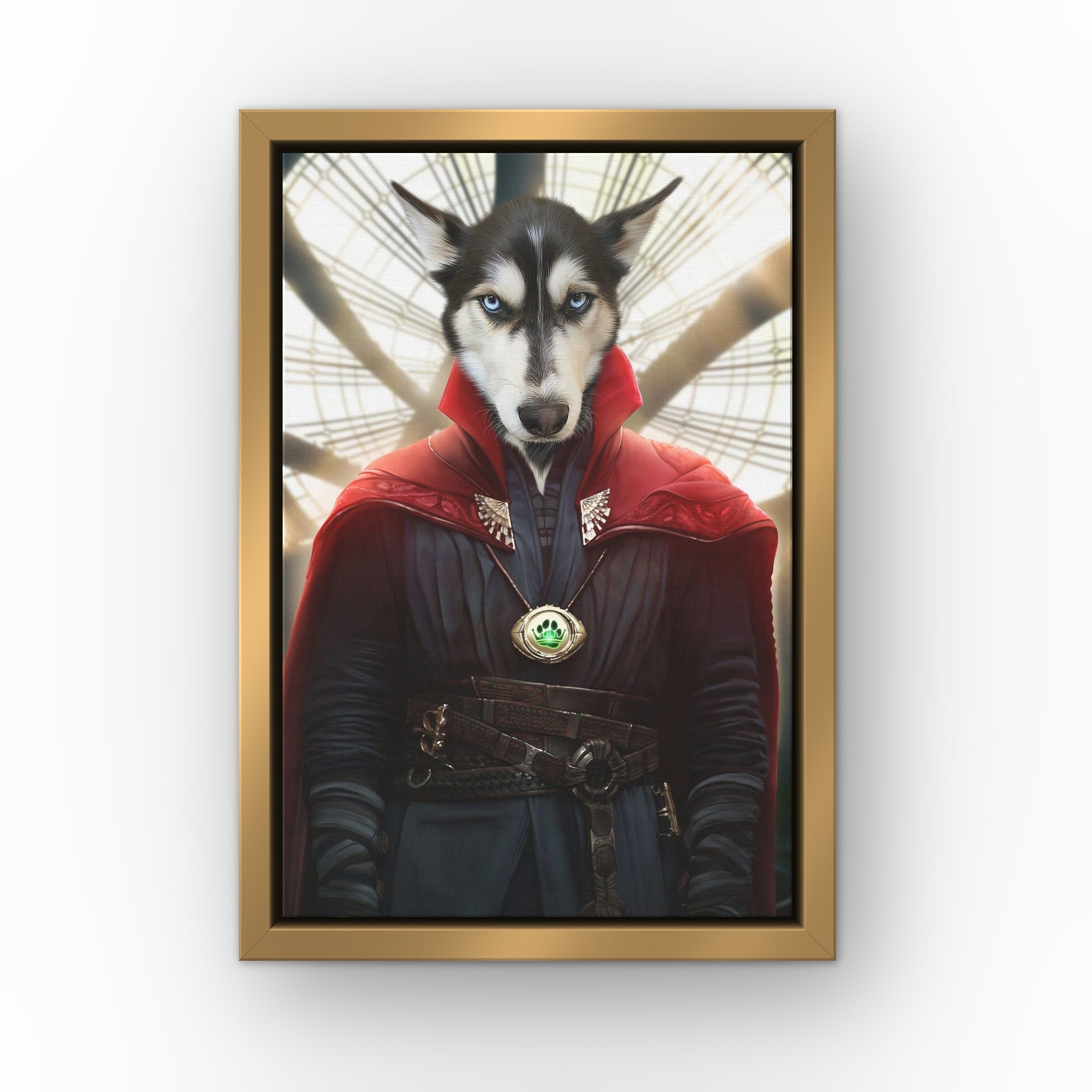 The Magic Hero custom pet canvas in a gold floating frame