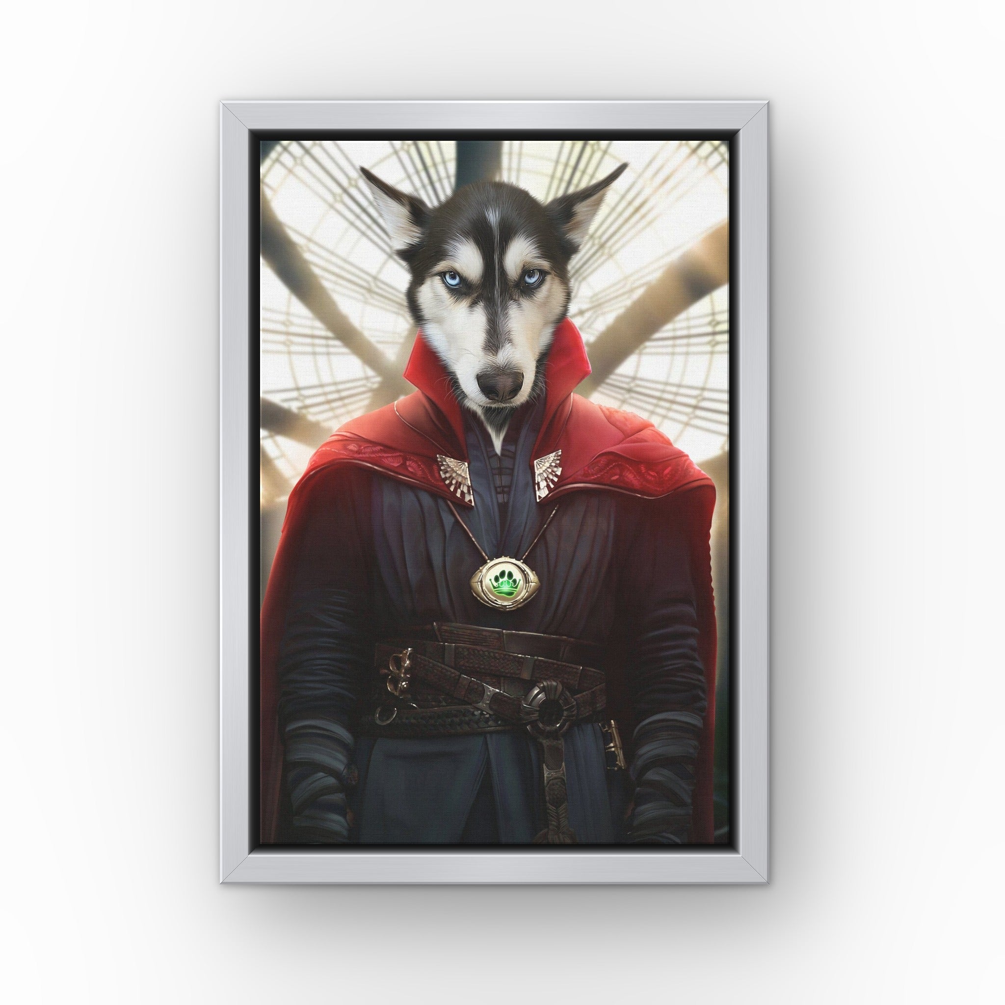 The Magic Hero custom pet canvas in a silver floating frame