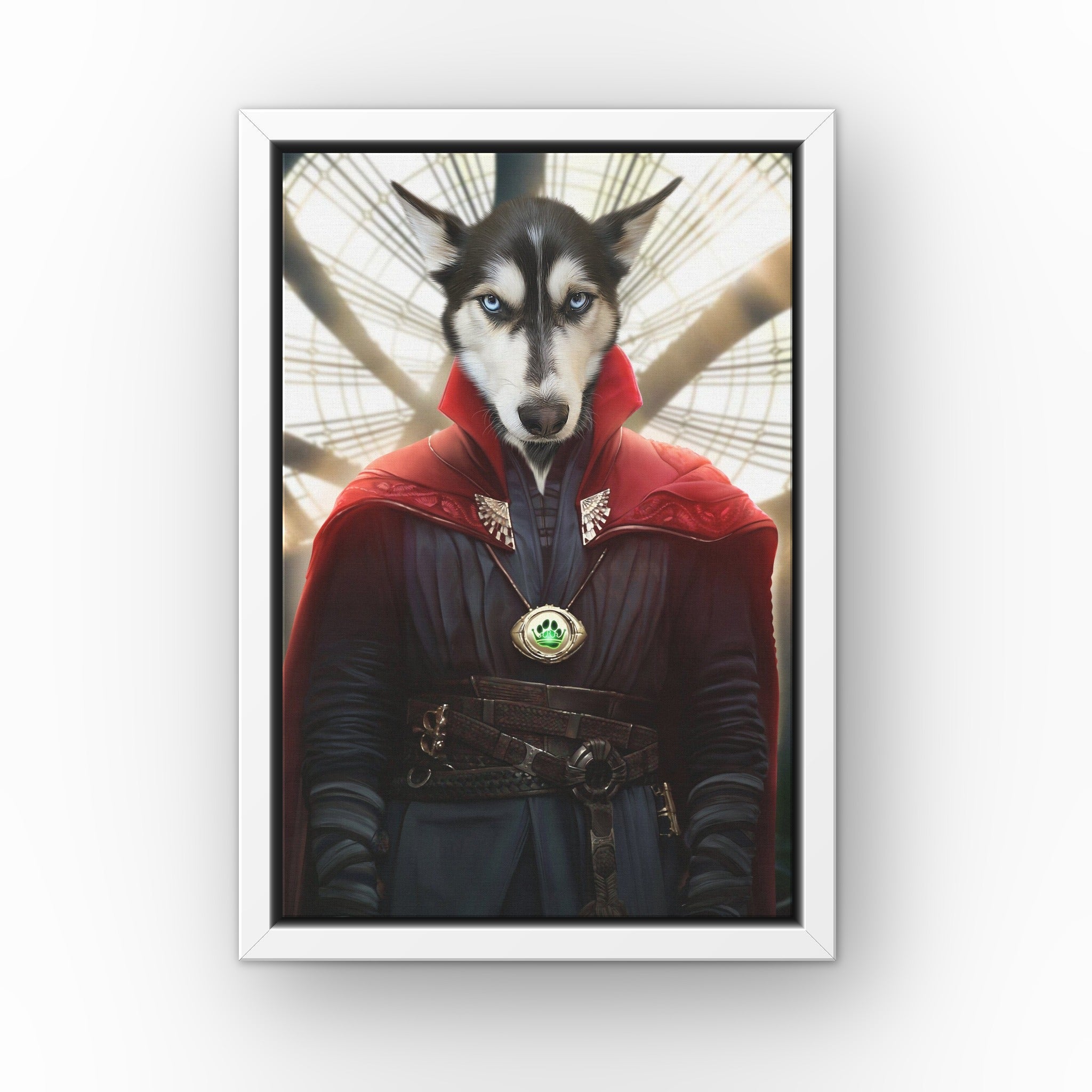 The Magic Hero custom pet canvas in a white floating frame