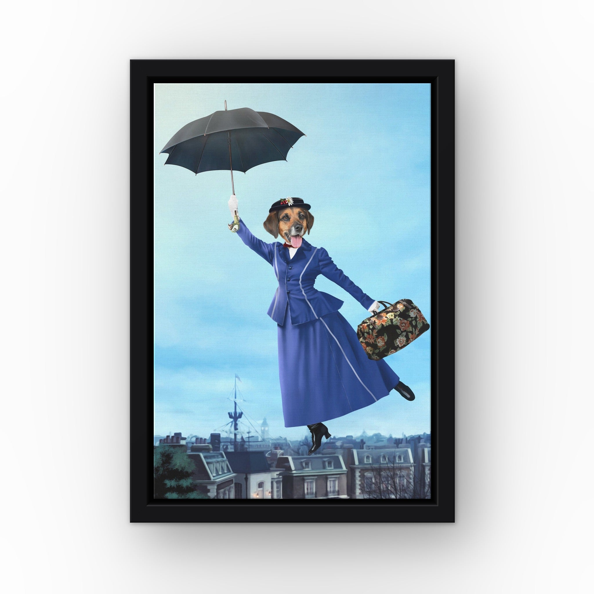 The Magic Nanny custom pet canvas in a black floating frame