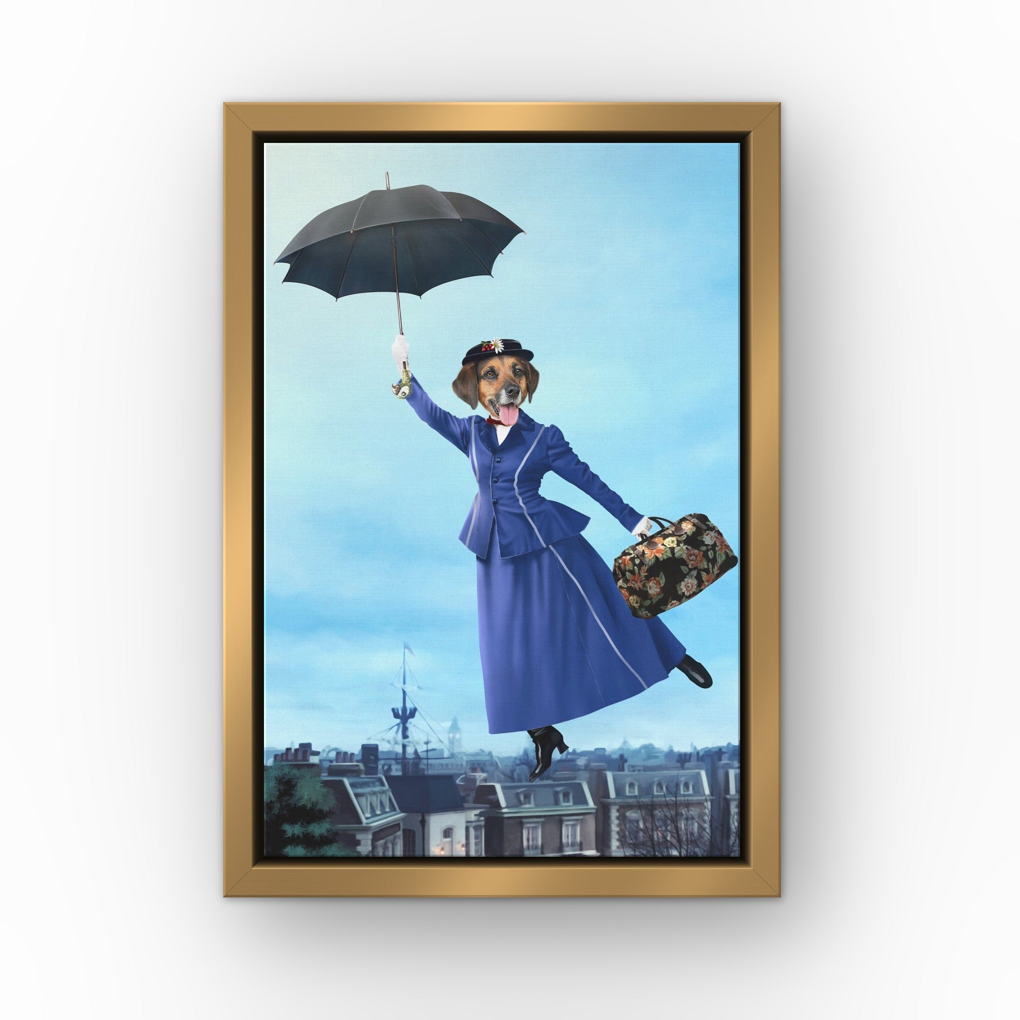 The Magic Nanny custom pet canvas in a gold floating frame