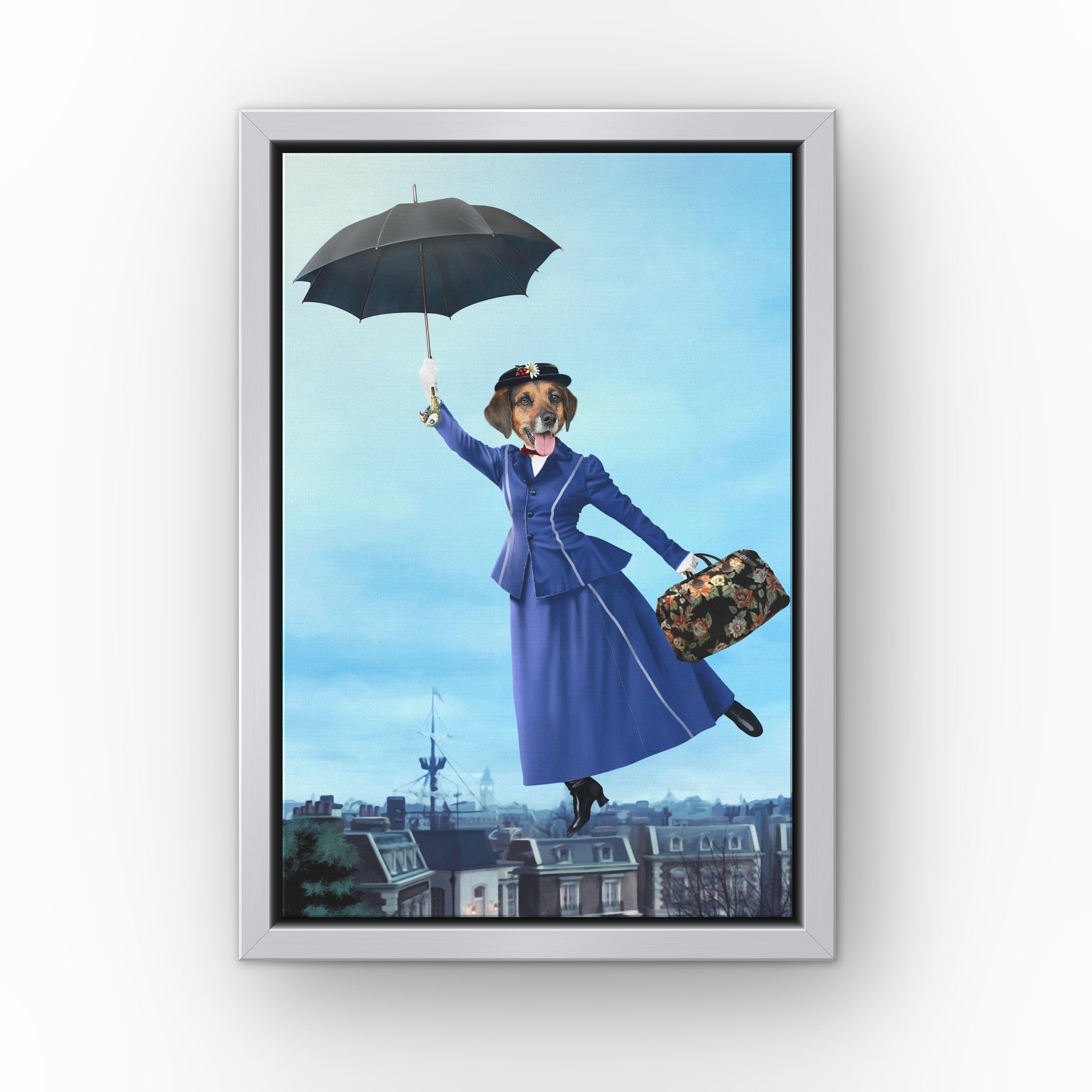 The Magic Nanny custom pet canvas in a silver floating frame
