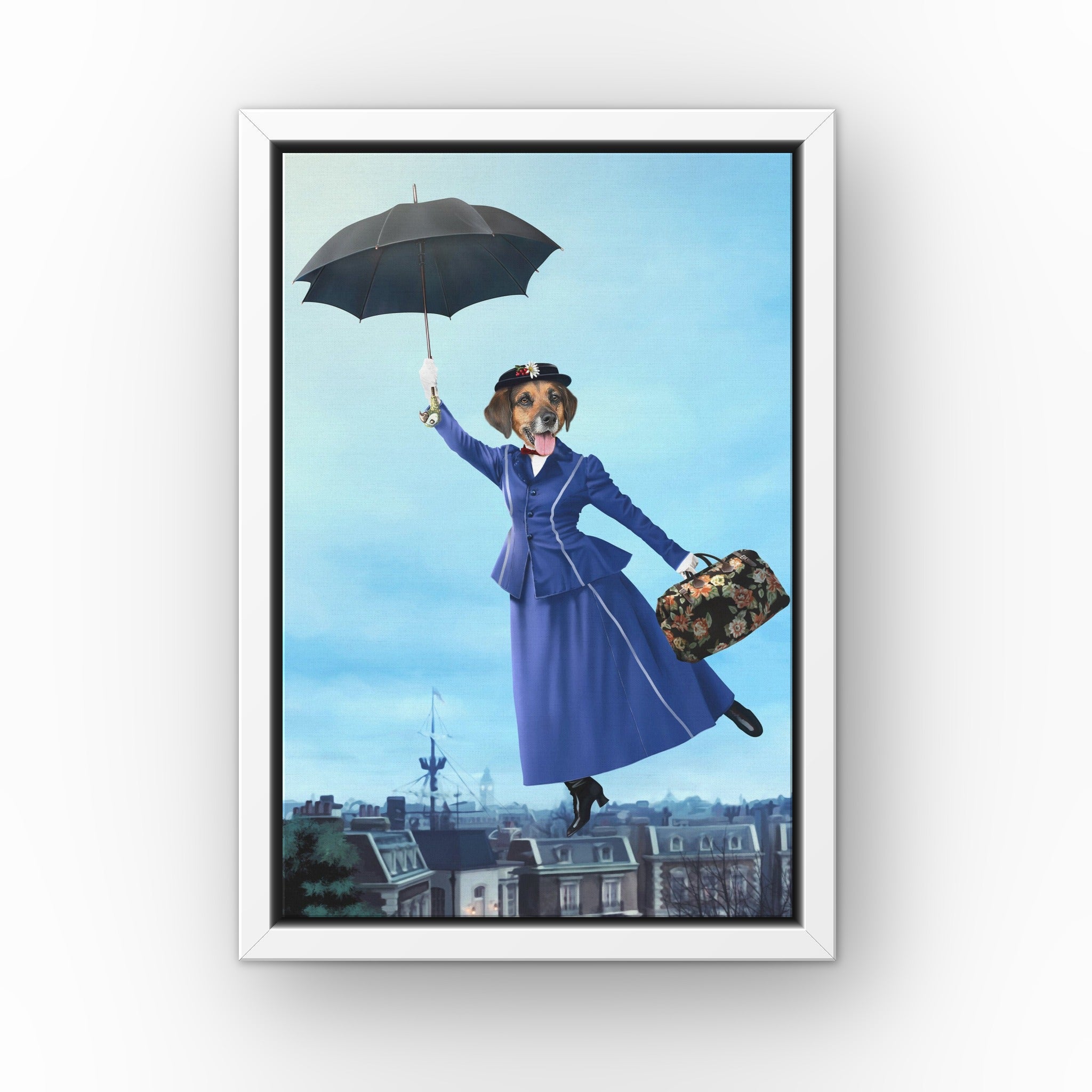 The Magic Nanny custom pet canvas in a white floating frame