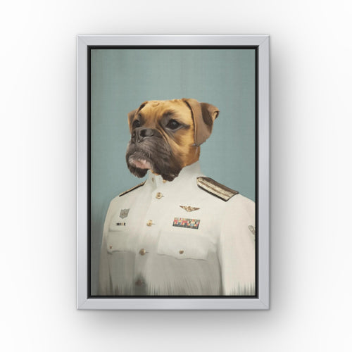 The Male Coast Guard custom pet canvas in a silver floating frame