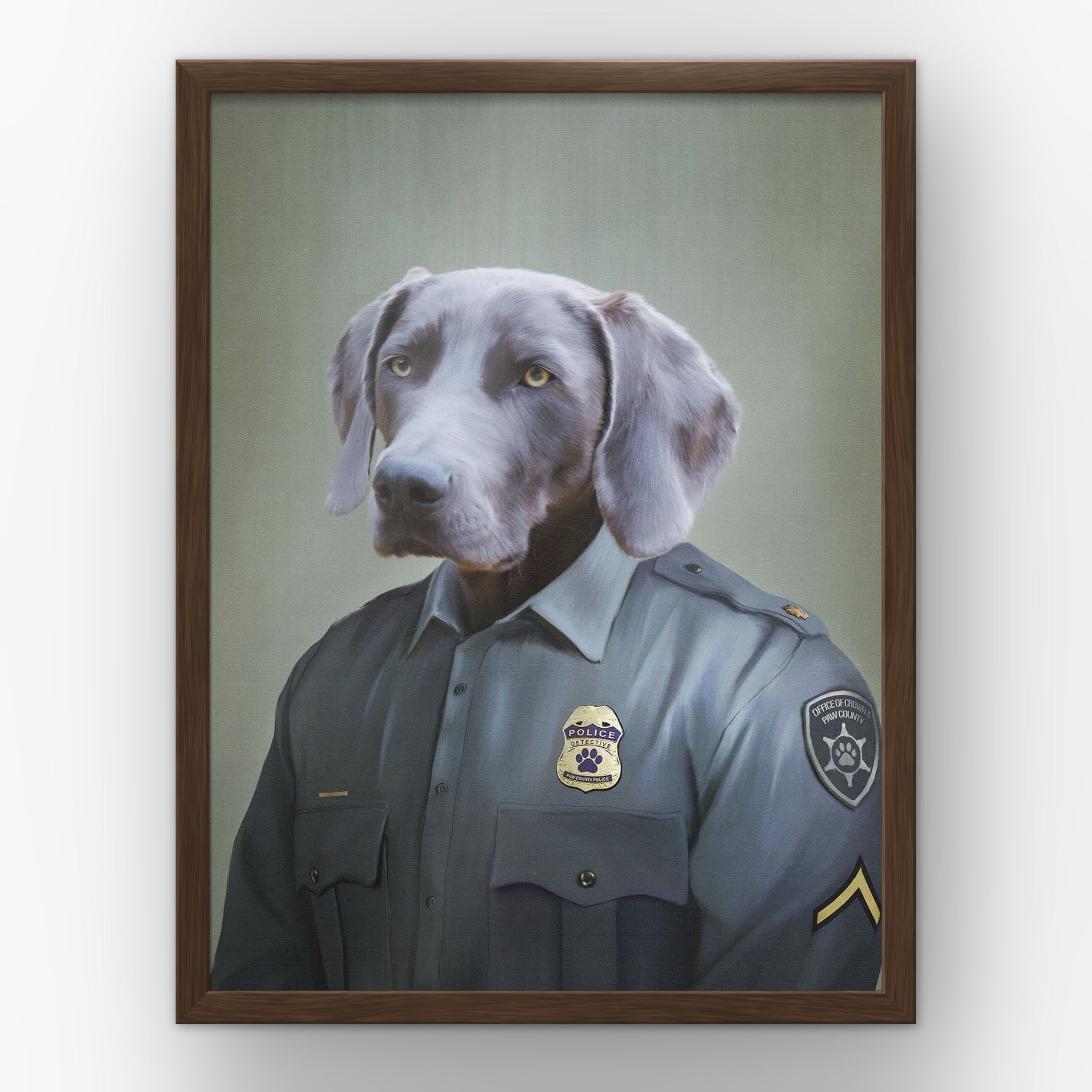 The Male Police Officer custom pet poster in a walnut frame