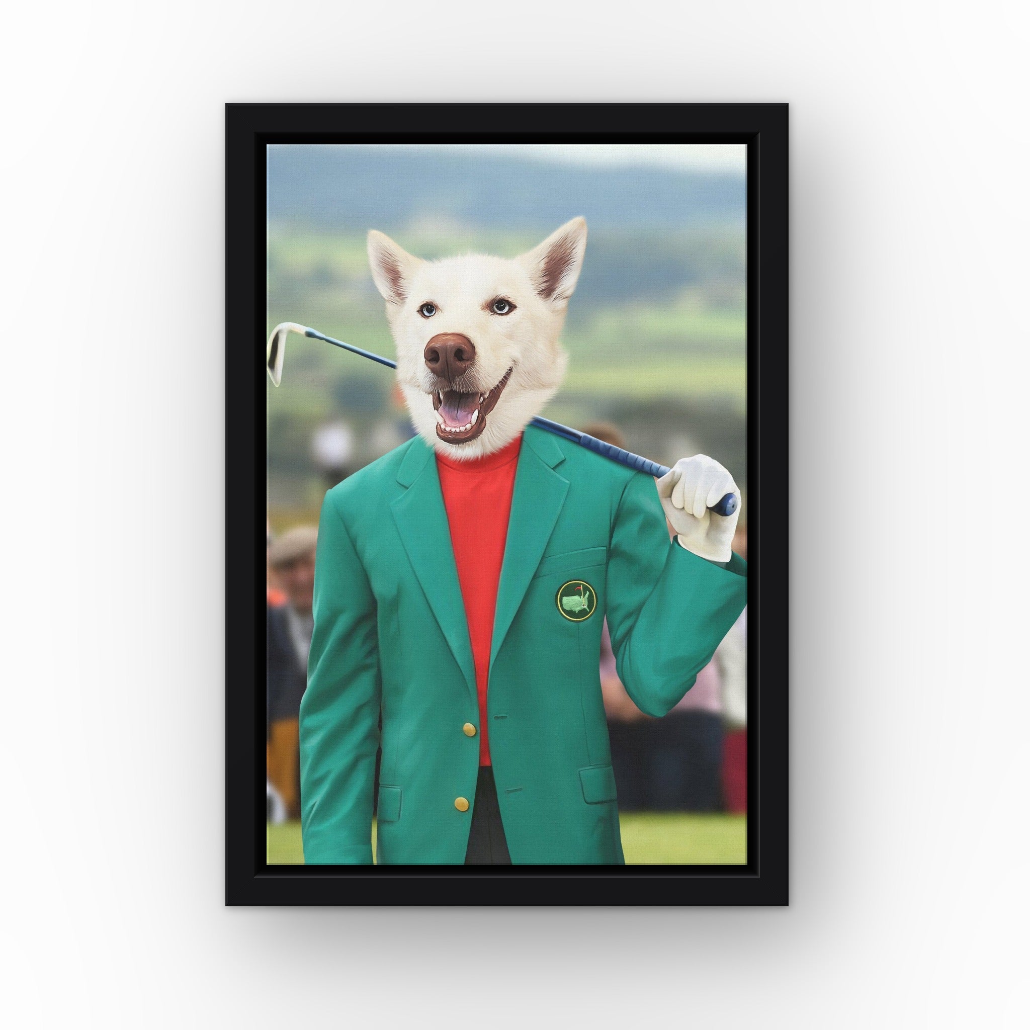 The Master custom pet canvas in a black floating frame