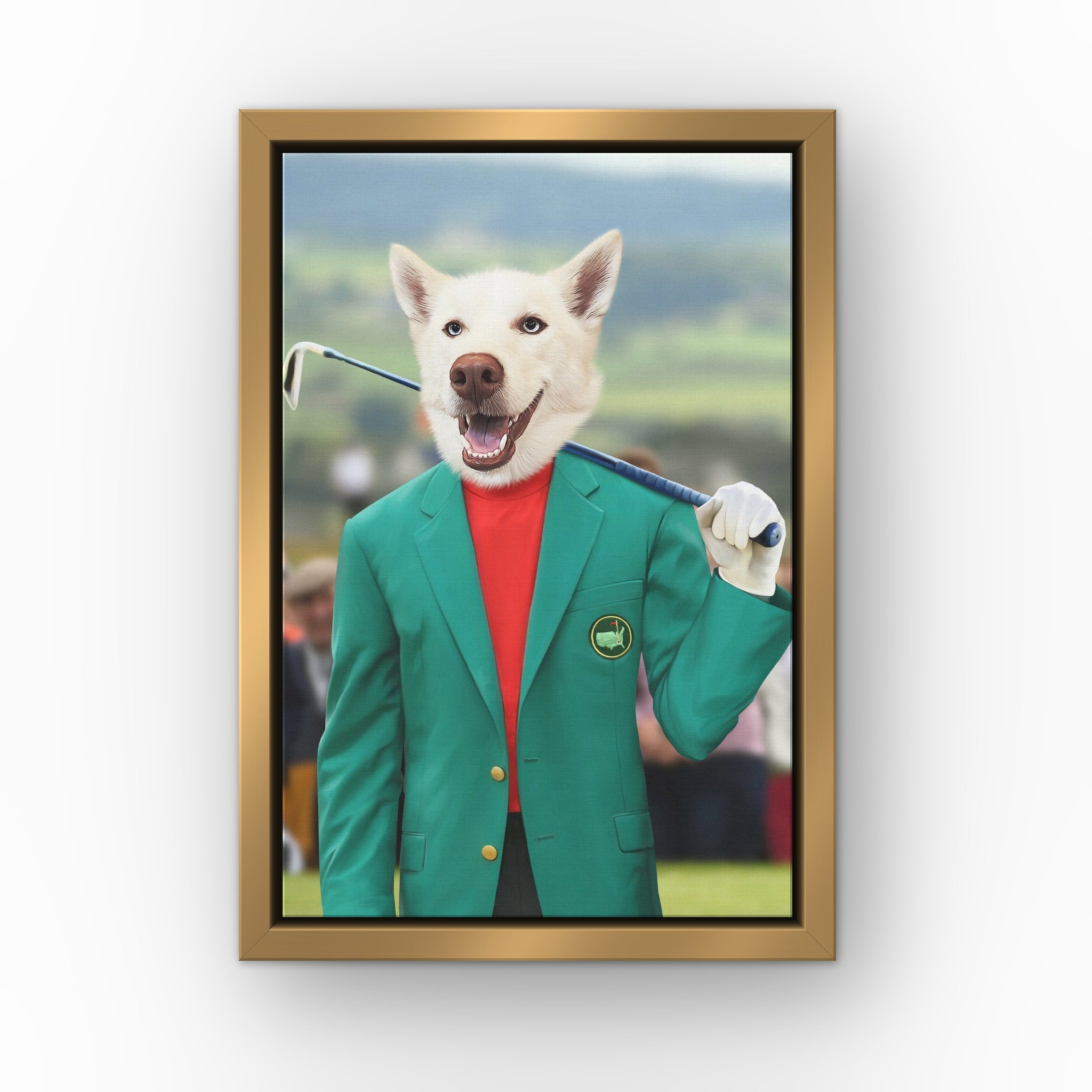 The Master custom pet canvas in a gold floating frame