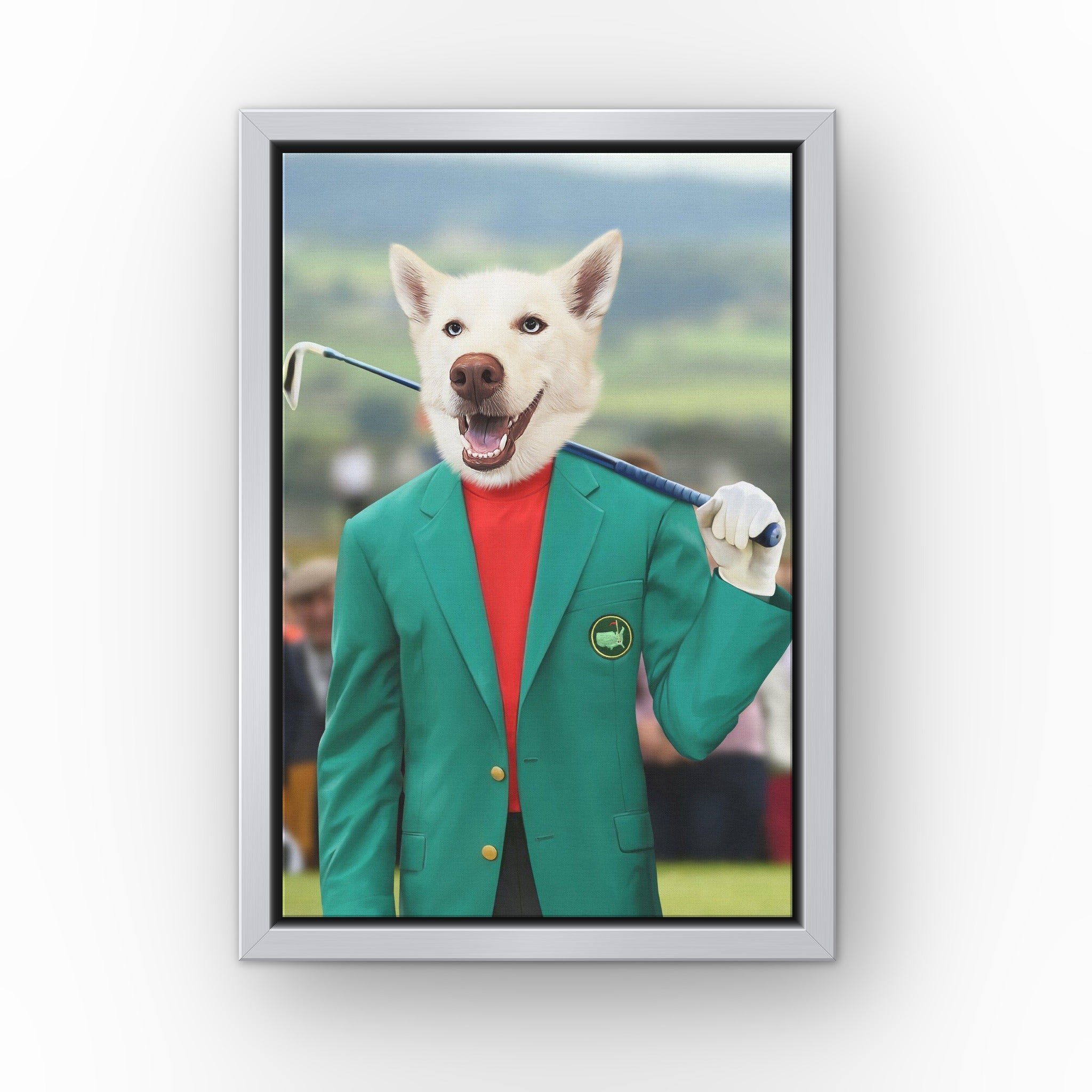 The Master custom pet canvas in a silver floating frame