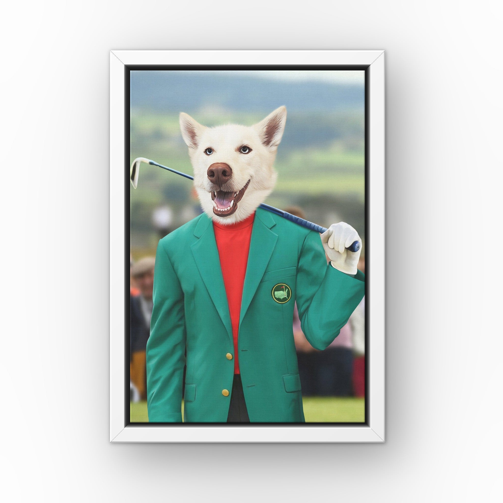 The Master custom pet canvas in a white floating frame