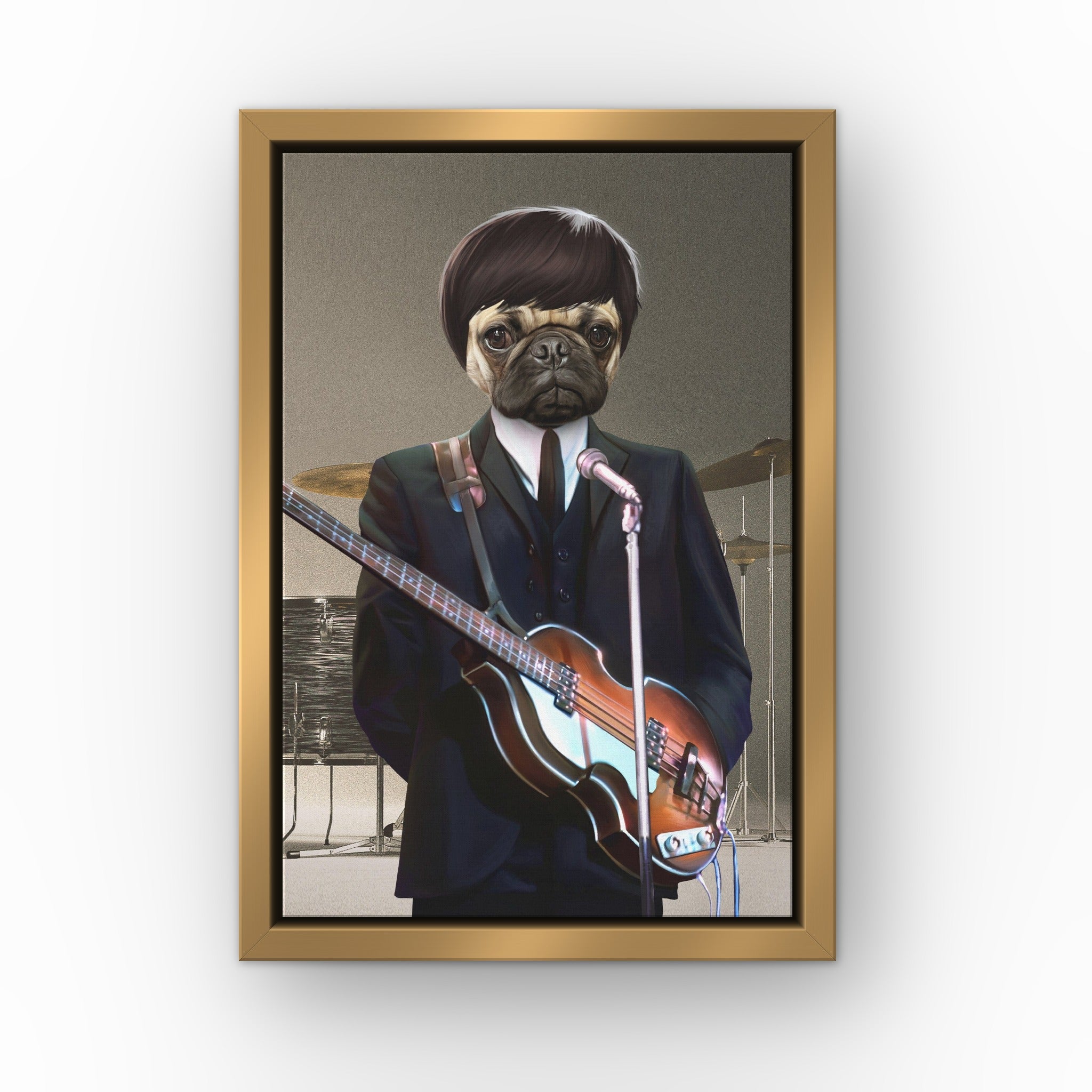 The McCartney custom pet canvas in a gold floating frame