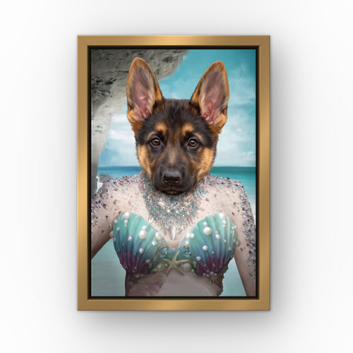The Mermaid custom pet canvas in a gold floating frame