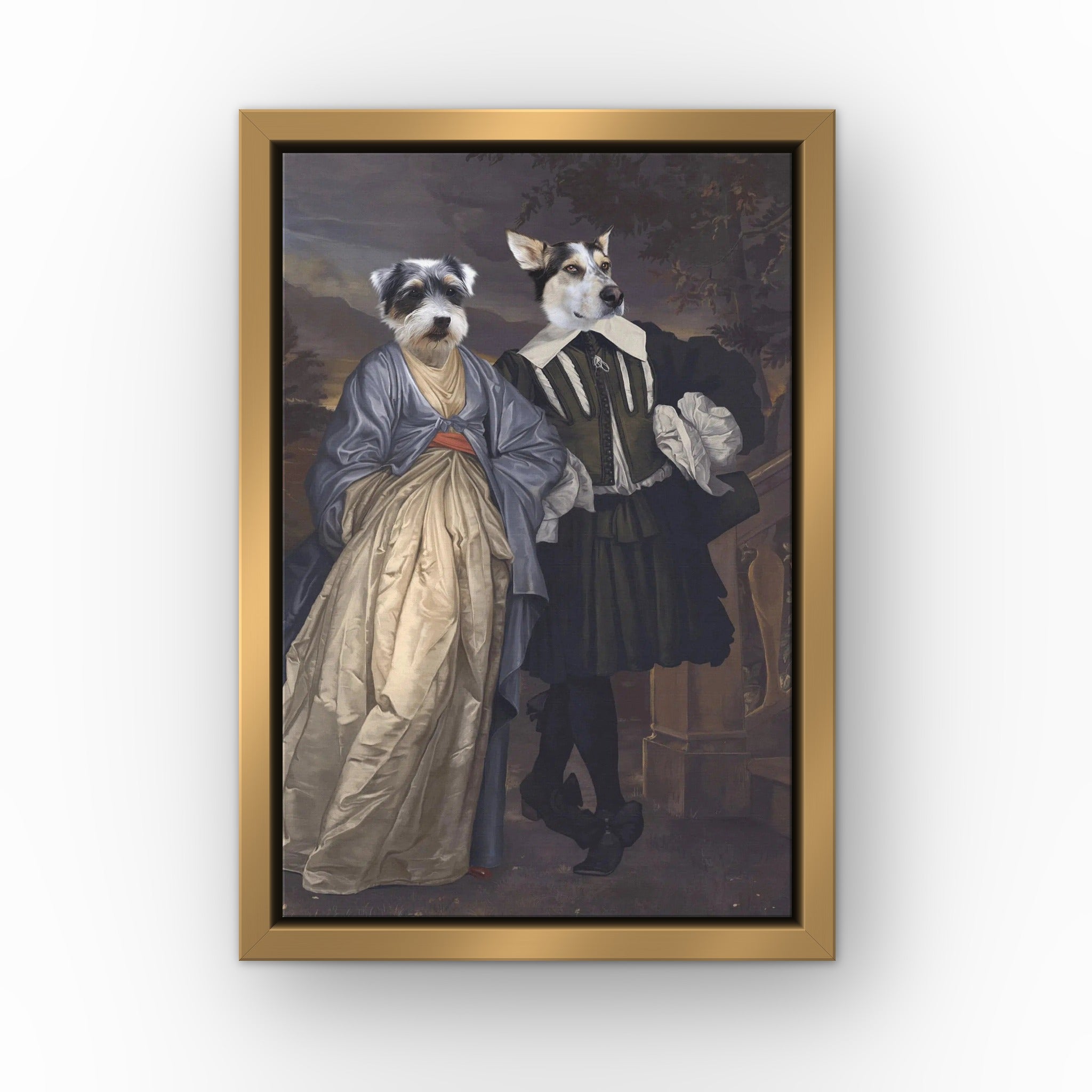 The Midnight Stroll custom pet canvas in a gold floating frame