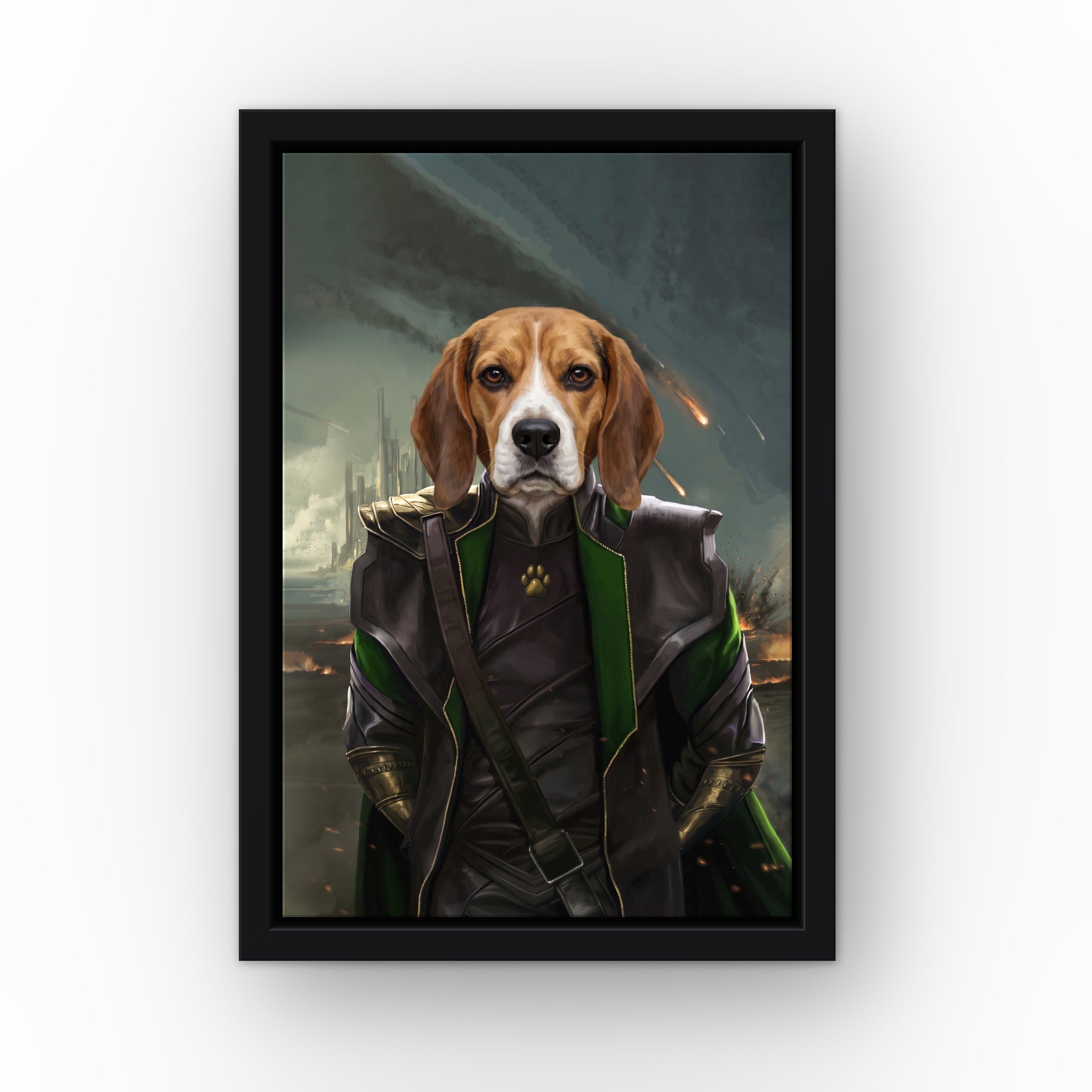 The Mischief God custom pet canvas in a black floating frame
