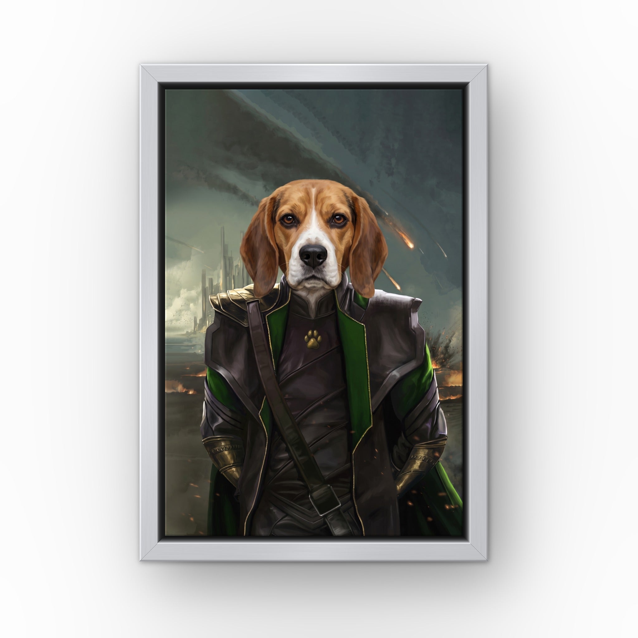 The Mischief God custom pet canvas in a silver floating frame
