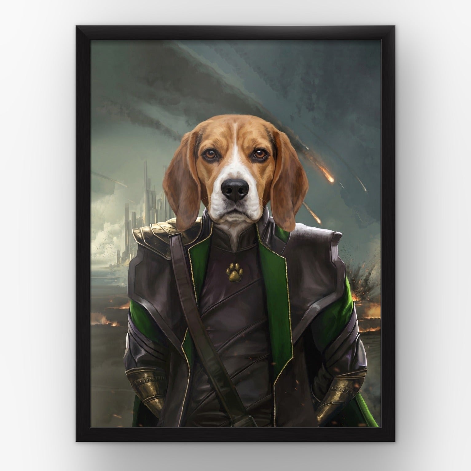 The Mischief God custom pet poster in a black frame