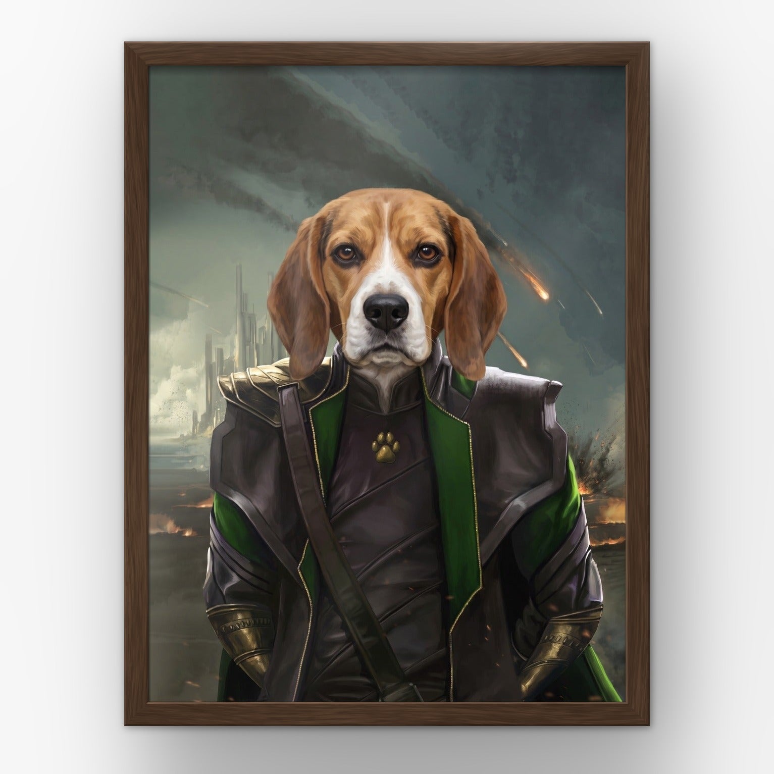 The Mischief God custom pet poster in a walnut frame