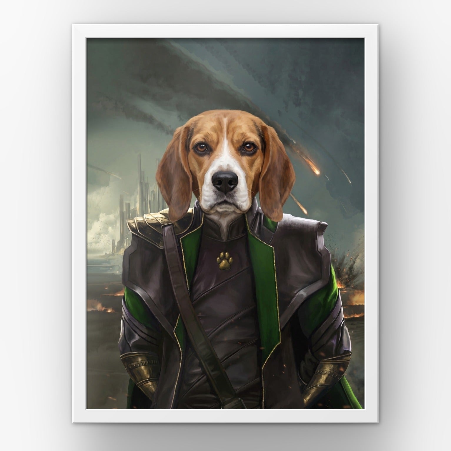The Mischief God custom pet poster in a white frame