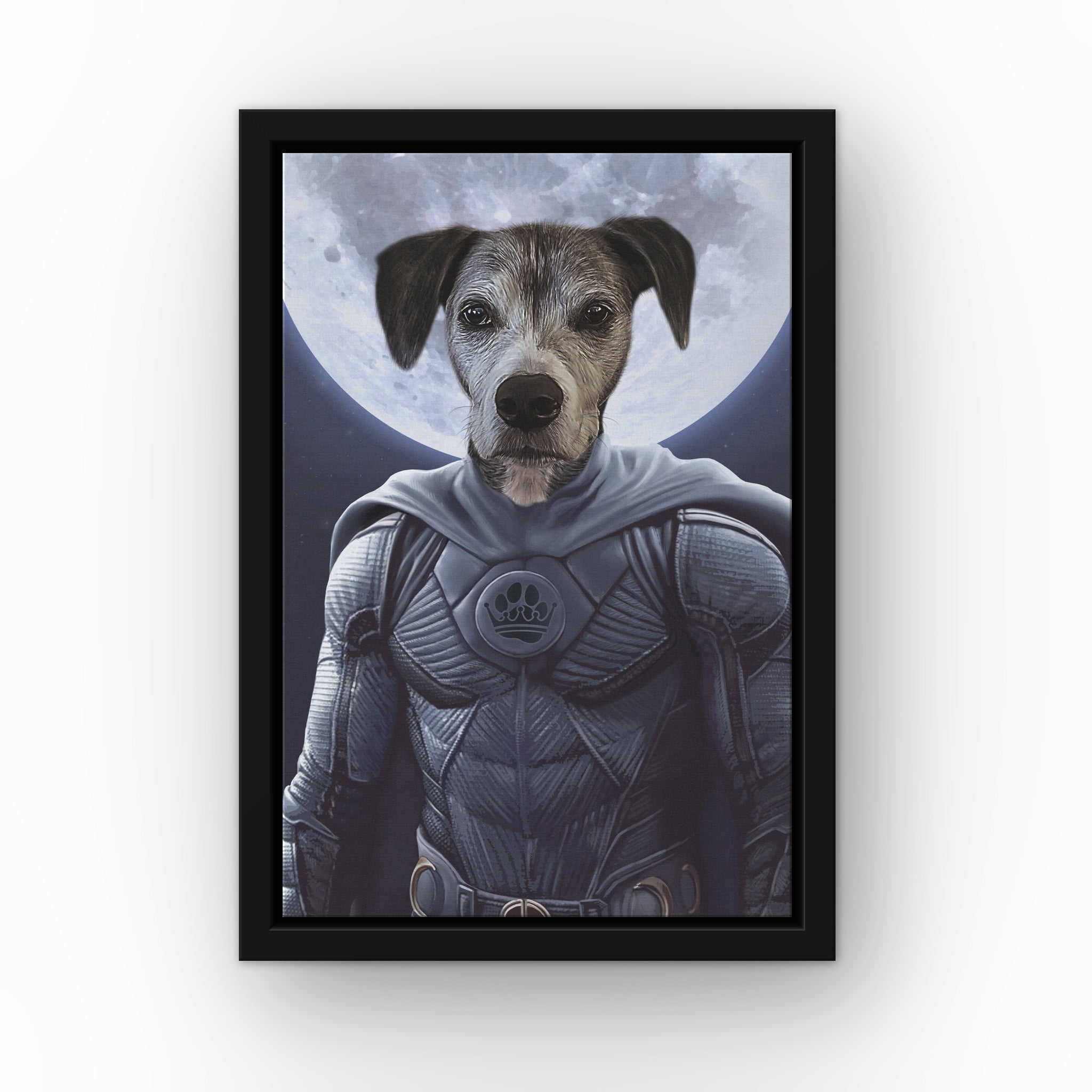 The Moon Hero custom pet canvas in a black floating frame