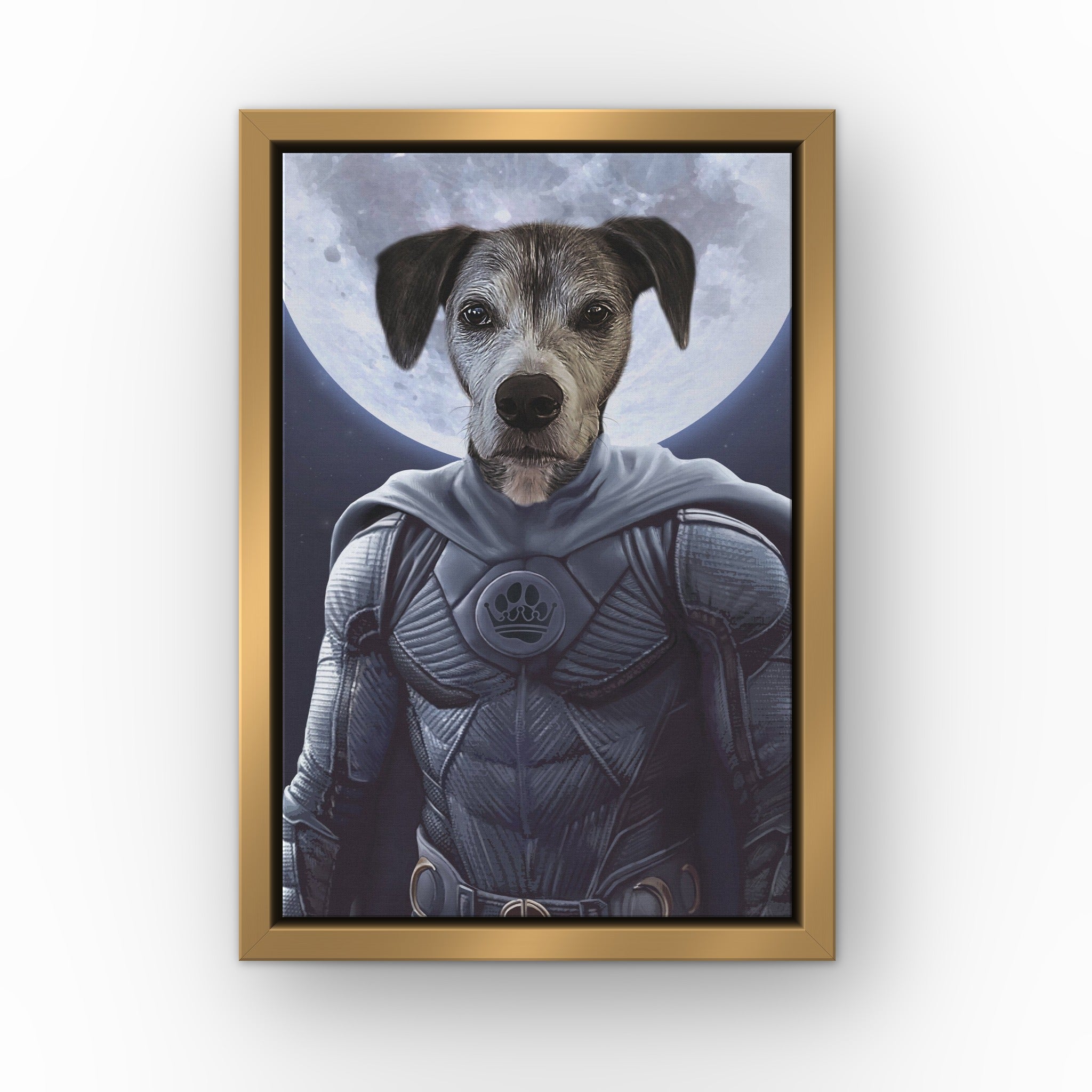 The Moon Hero custom pet canvas in a gold floating frame