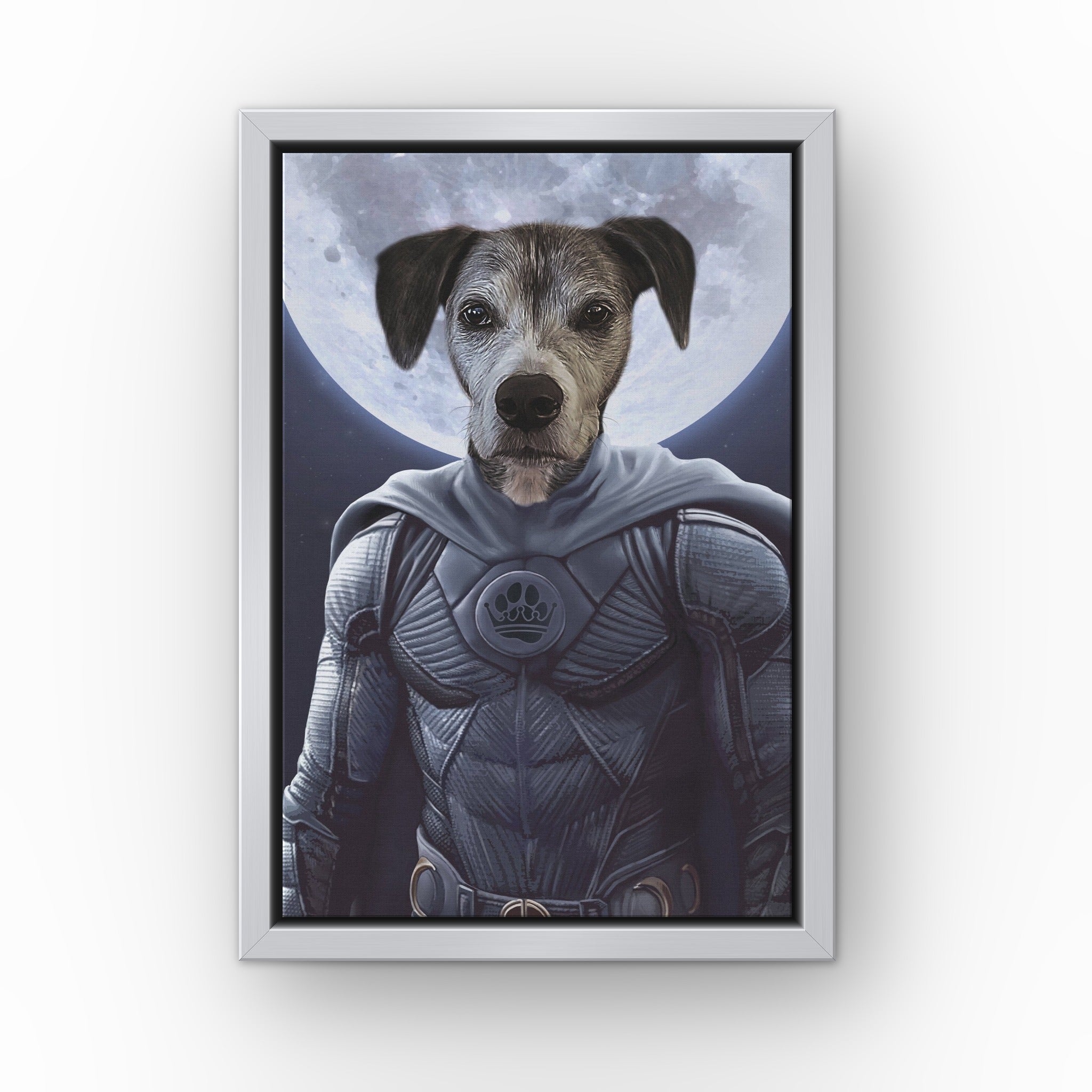 The Moon Hero custom pet canvas in a silver floating frame