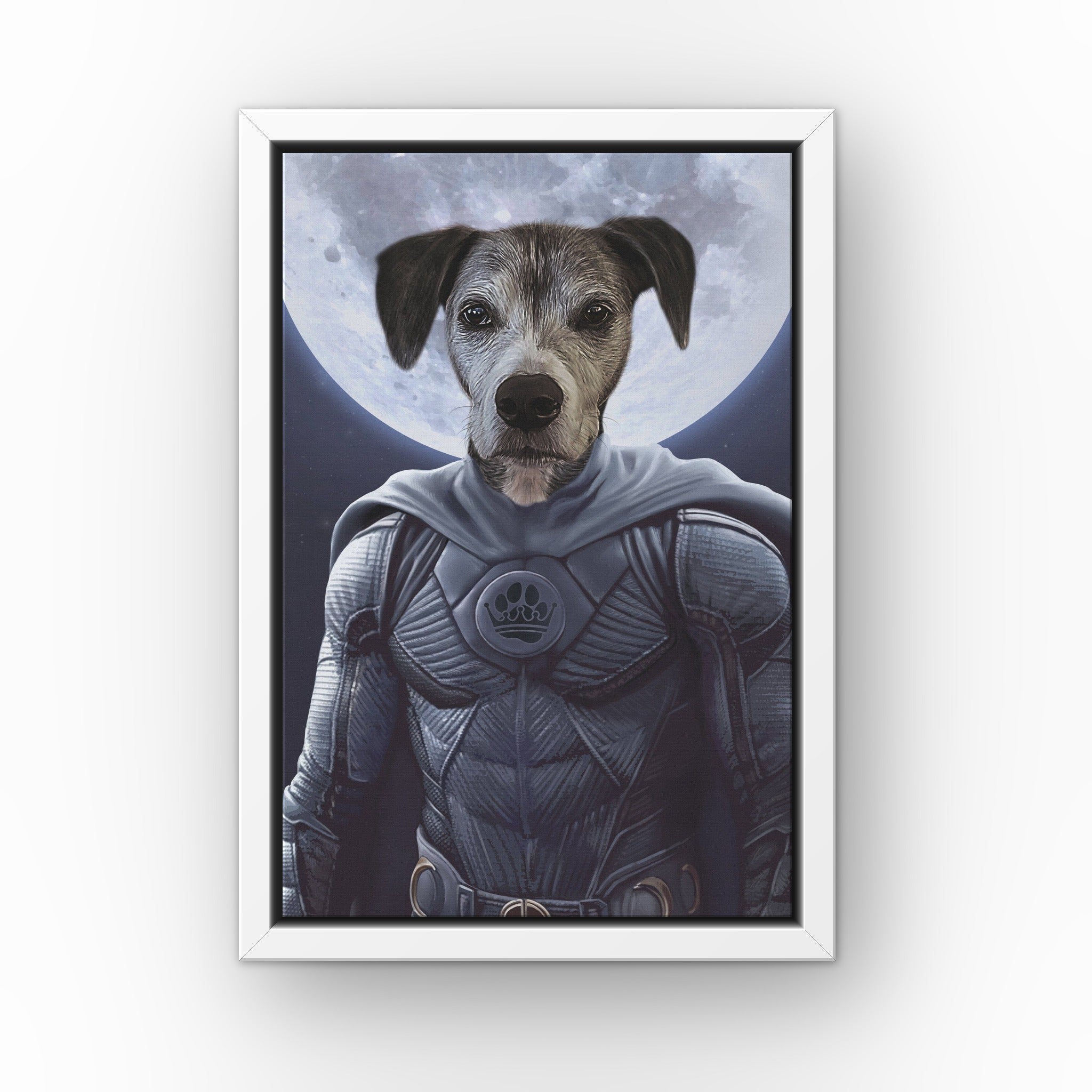 The Moon Hero custom pet canvas in a white floating frame