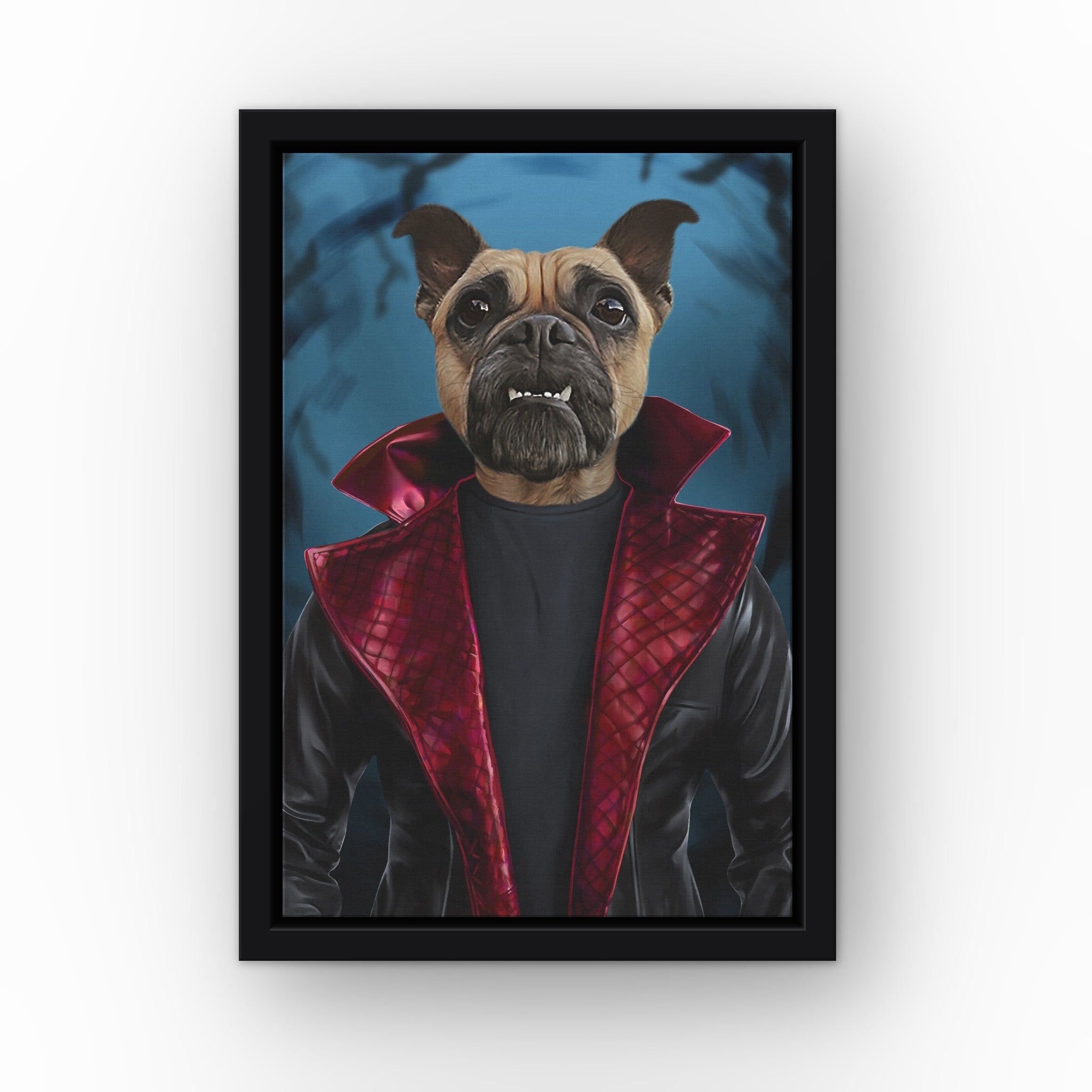 The Morbius custom pet canvas in a black floating frame