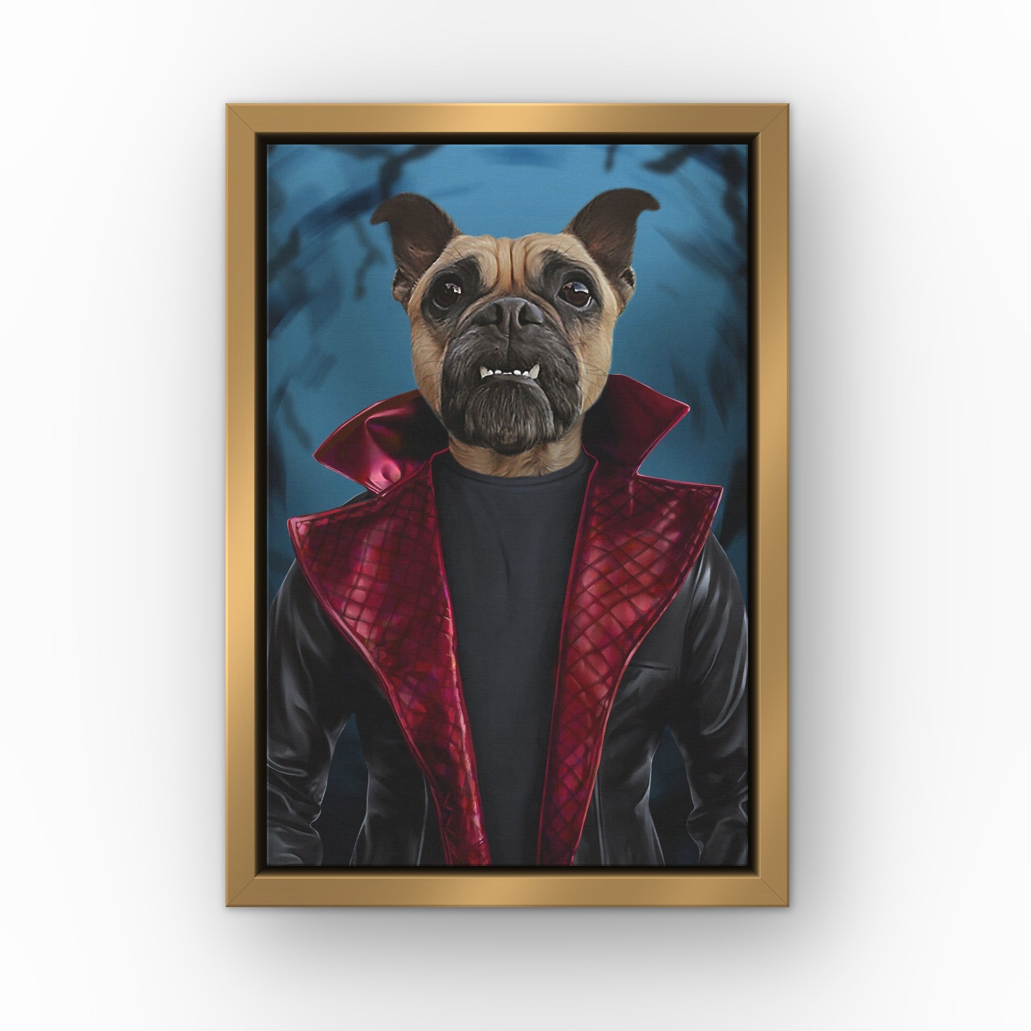 The Morbius custom pet canvas in a gold floating frame