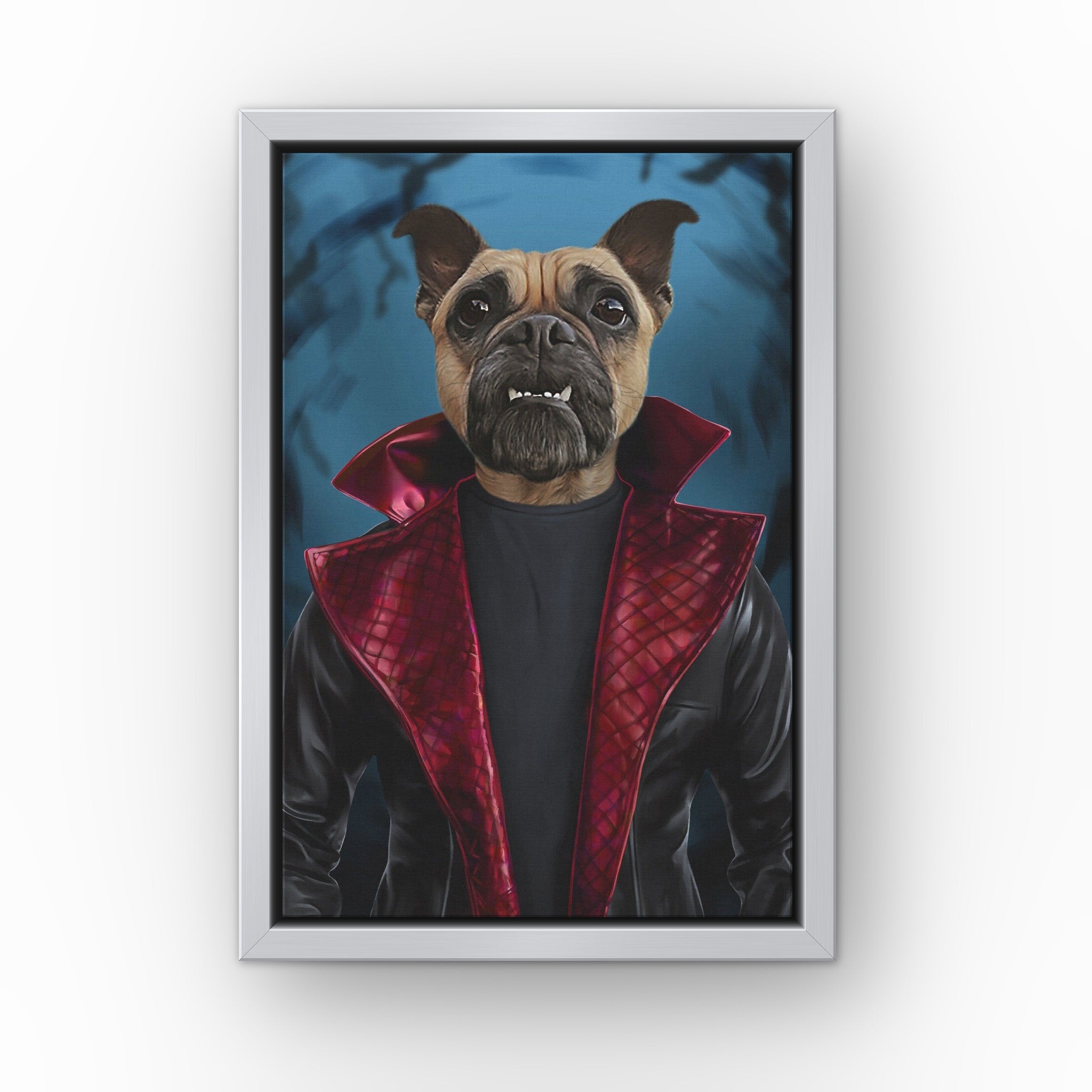 The Morbius custom pet canvas in a silver floating frame