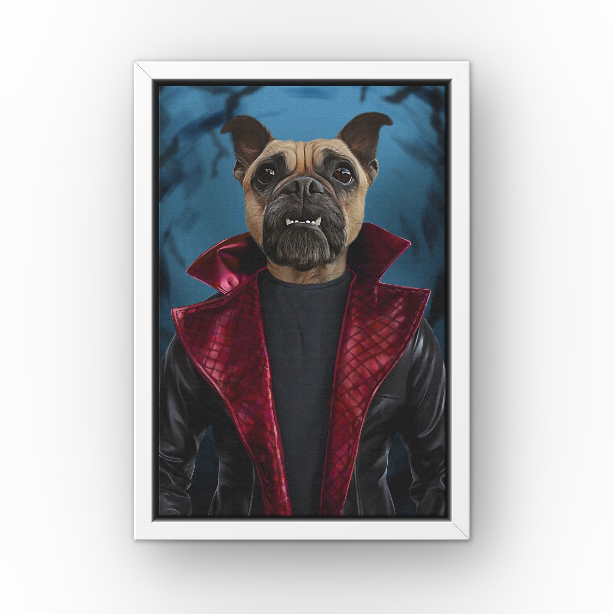 The Morbius custom pet canvas in a white floating frame