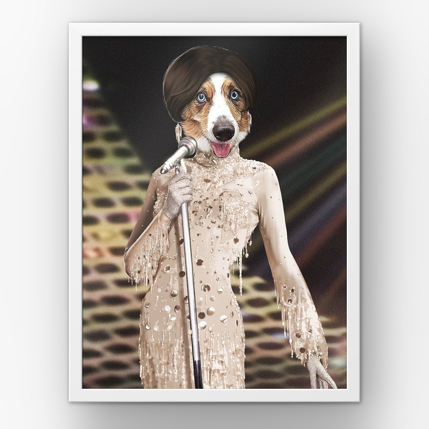 The Motown Queen custom pet poster in a white frame