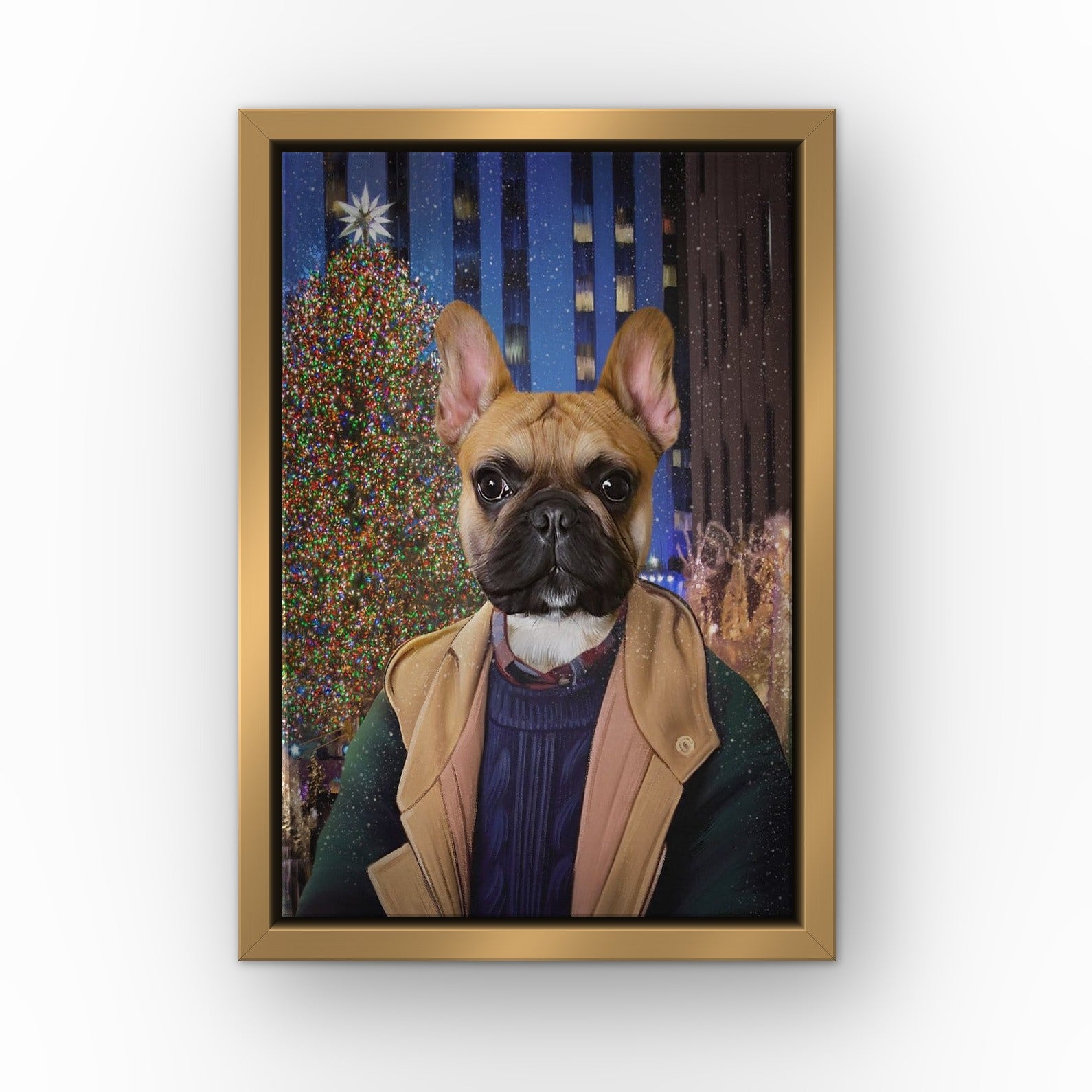 The NYC Kid custom pet canvas in a gold floating frame