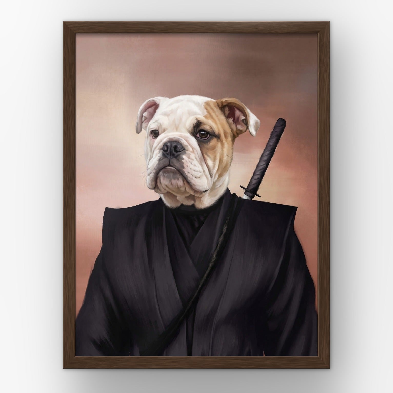 The Ninja custom pet poster in a walnut frame