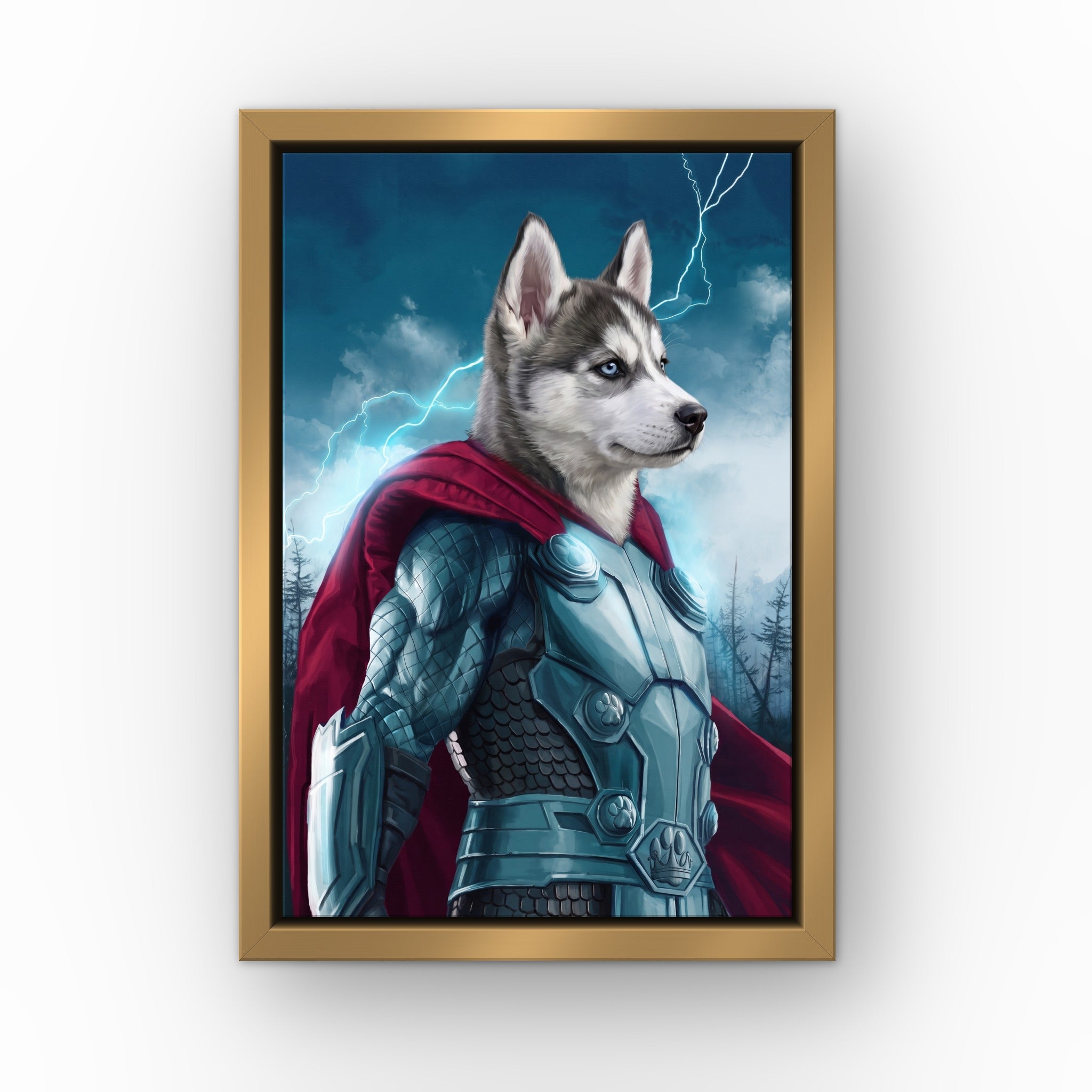 The Norse Hero custom pet canvas in a gold floating frame