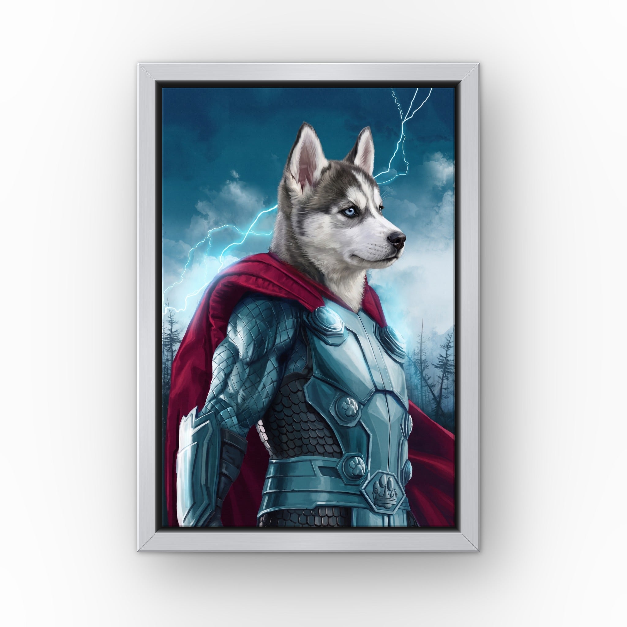 The Norse Hero custom pet canvas in a silver floating frame