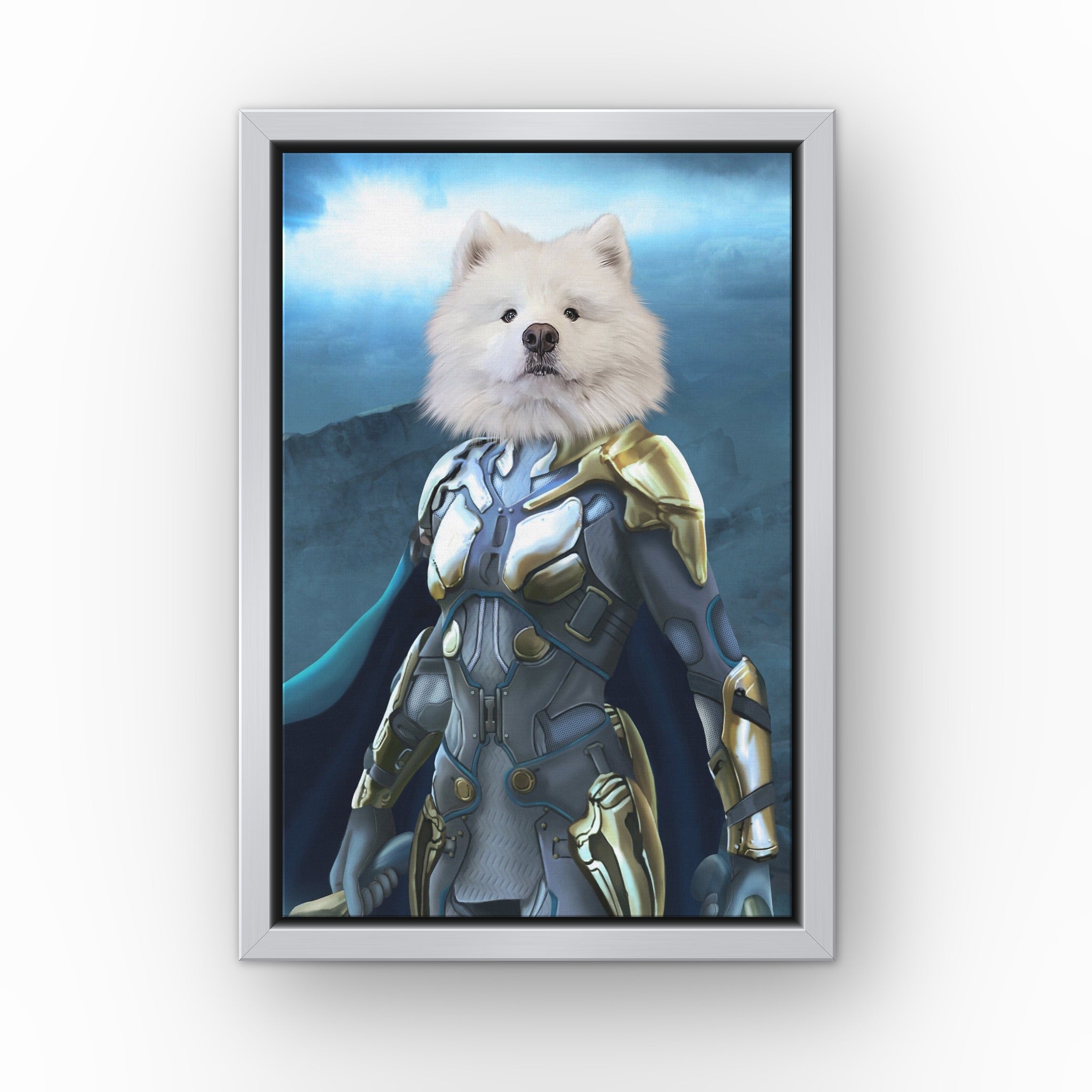 The Norse Warrior custom pet canvas in a silver floating frame