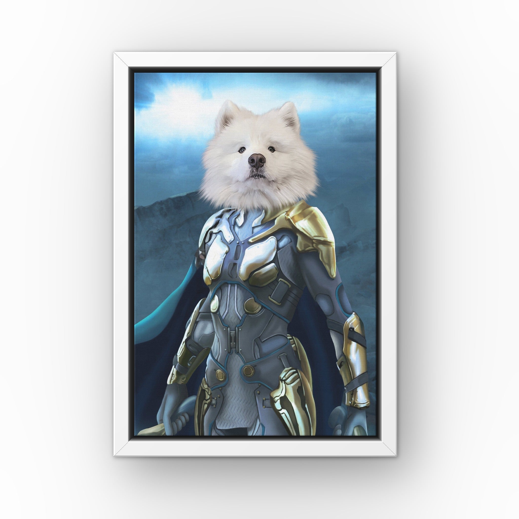 The Norse Warrior custom pet canvas in a white floating frame