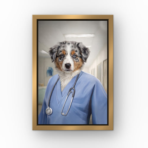 The Nurse custom pet canvas in a gold floating frame